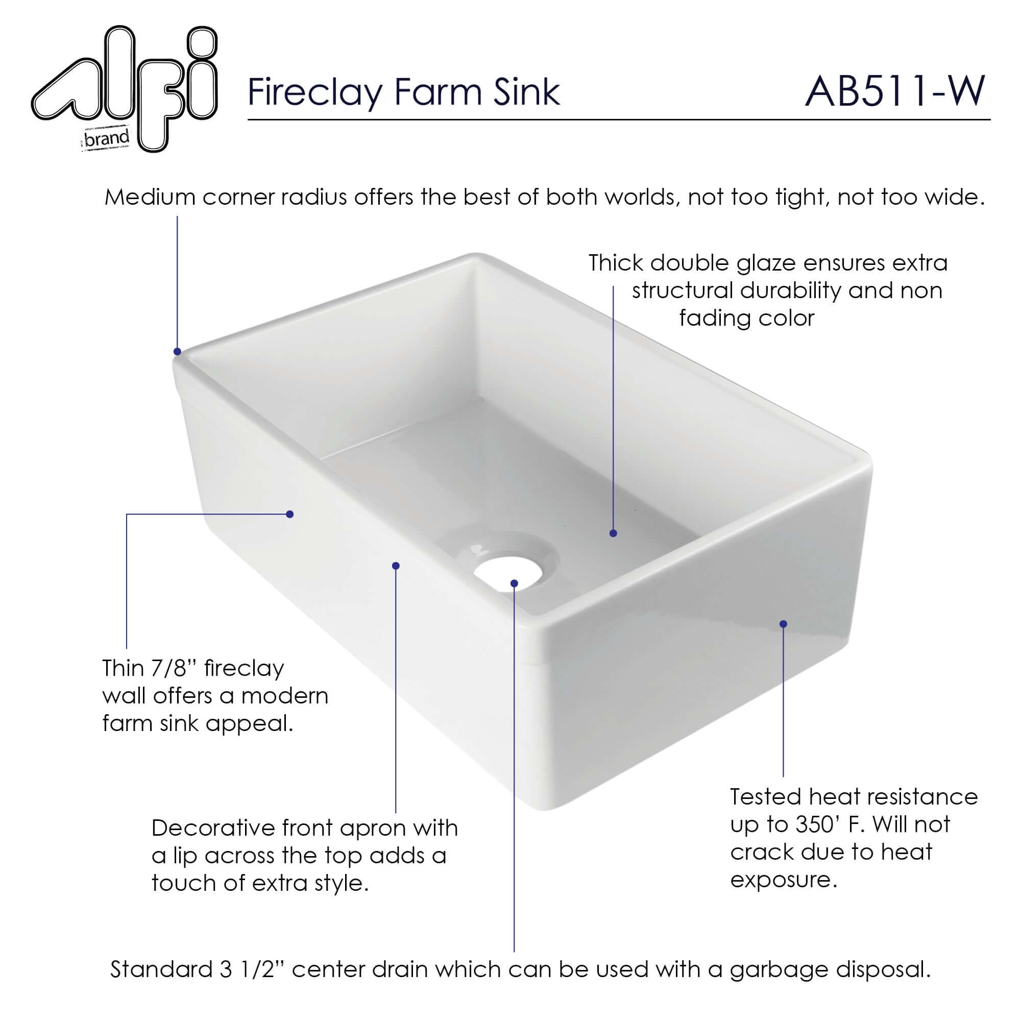 Alternate Image for ALFI 30" Single Bowl Fireclay Farmhouse Apron Sink, White, Decorative, AB511-W
