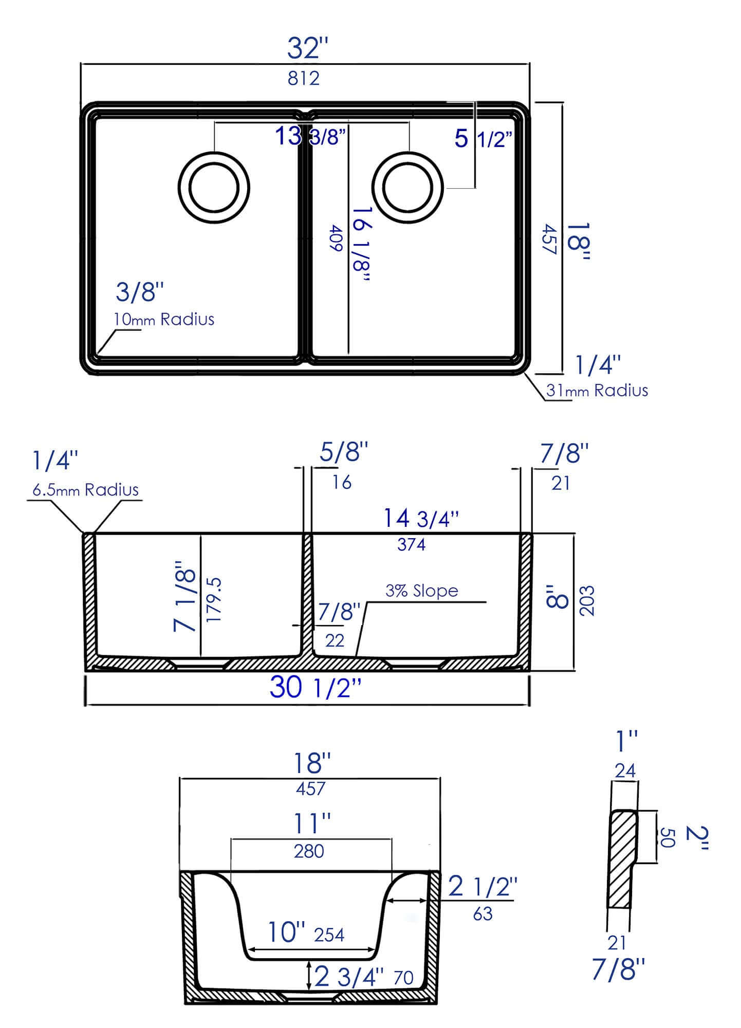 Alternate Image for ALFI 32" Short Wall Double Bowl Fireclay Farmhouse Apron Sink, White, AB5123-W
