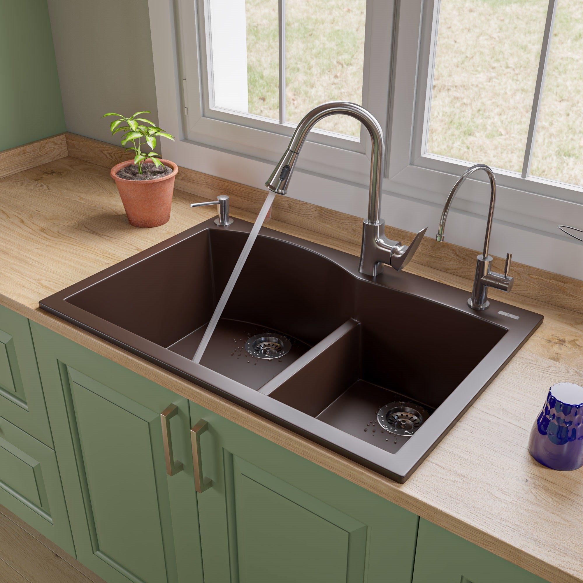 Alternate Image for ALFI brand AB3320DI-C Chocolate 33" Double Bowl Drop In Granite Composite Kitchen Sink