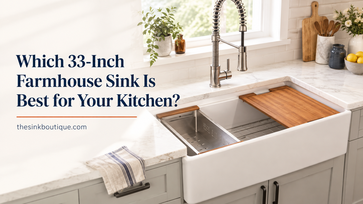 White apron front farmhouse sink with wood cutting board, stainless colander, and bottom grid in gray cabinet kitchen, banner for The Sink Boutique’s guide on which 33 inch farmhouse sink is best for your kitchen
