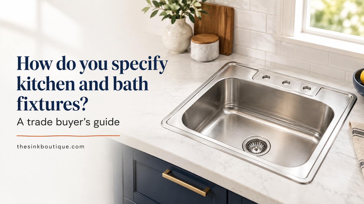 Stainless steel drop-in kitchen sink with three faucet holes on white marble countertop and navy blue cabinets, banner for The Sink Boutique’s trade buyer’s guide on how to specify kitchen and bath fixtures