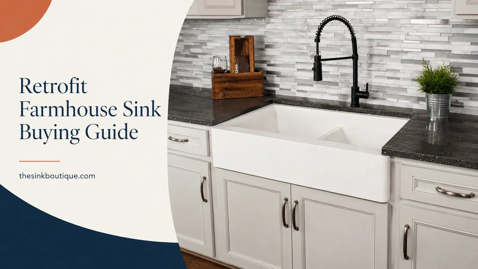 White double bowl farmhouse sink with short retrofit apron installed in a gray cabinet kitchen, black pull down faucet, dark speckled countertop, and mosaic tile backsplash, banner for The Sink Boutique's Retrofit Farmhouse Sink Buying Guide