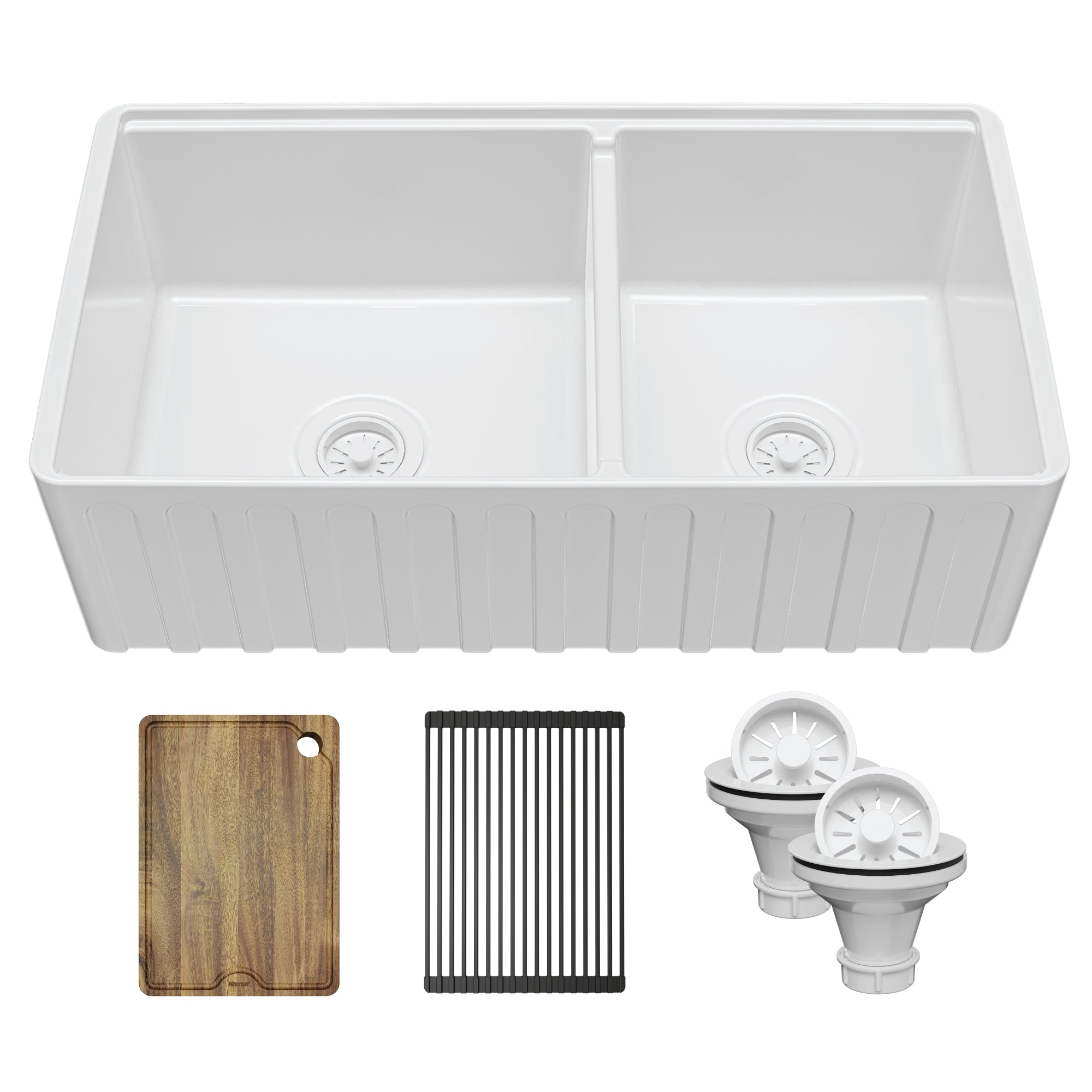 Main Image of Karran Fireclay 33" Fireclay Workstation Farmhouse Sink with Accessories, 60/40 Double Bowl, White, FCWSF33DBWH-PK1