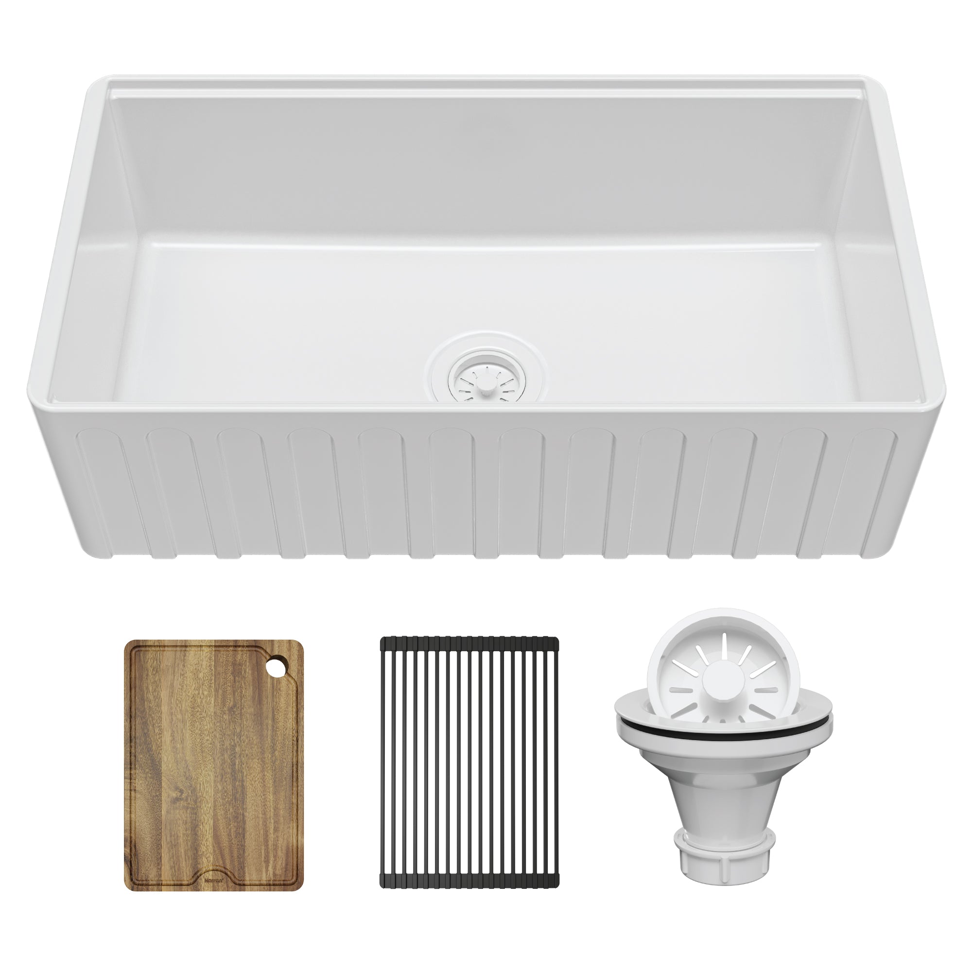 Main Image of Karran Fireclay 33" Fireclay Workstation Farmhouse Sink with Accessories, White, FCWSF33SBWH-PK1