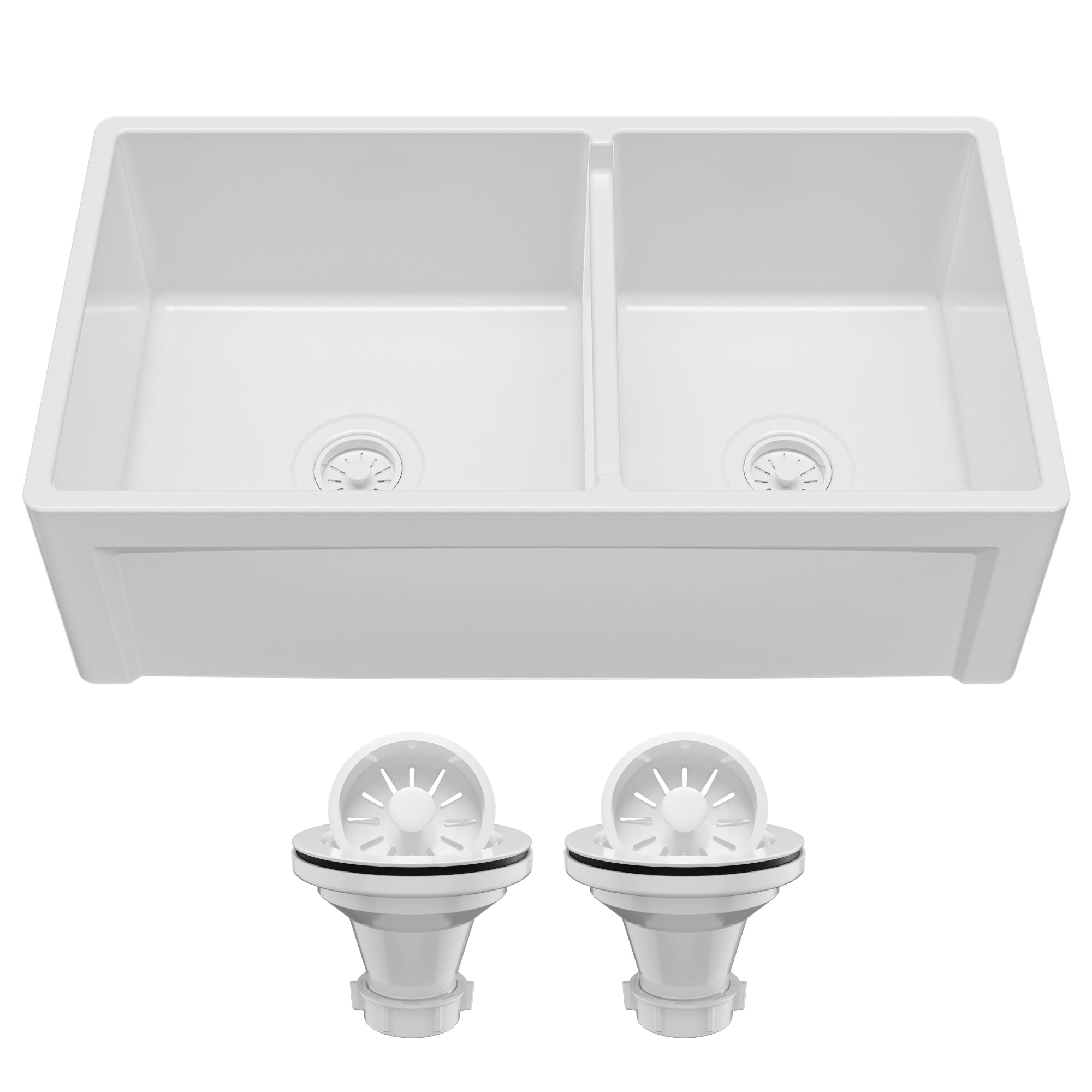 Main Image of Karran Fireclay 33" Fireclay Farmhouse Sink with Accessories, 60/40 Double Bowl, White, FCP33DBWH