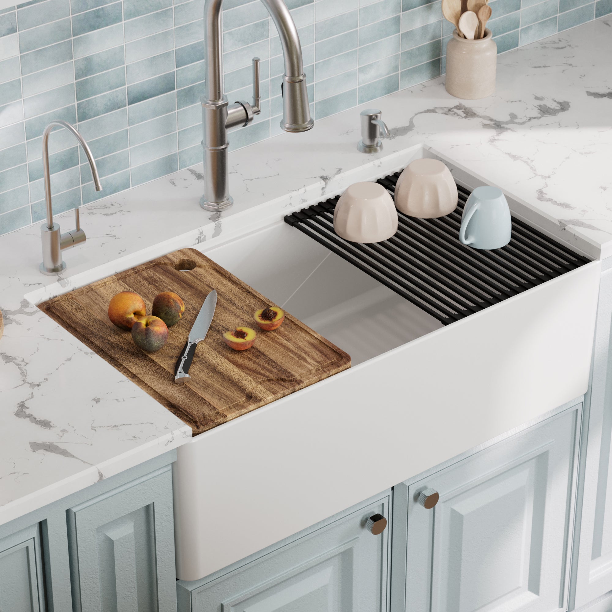Alternative View of Karran Fireclay 33" Fireclay Workstation Farmhouse Sink with Accessories, White, FCWSF33SBWH-PK1