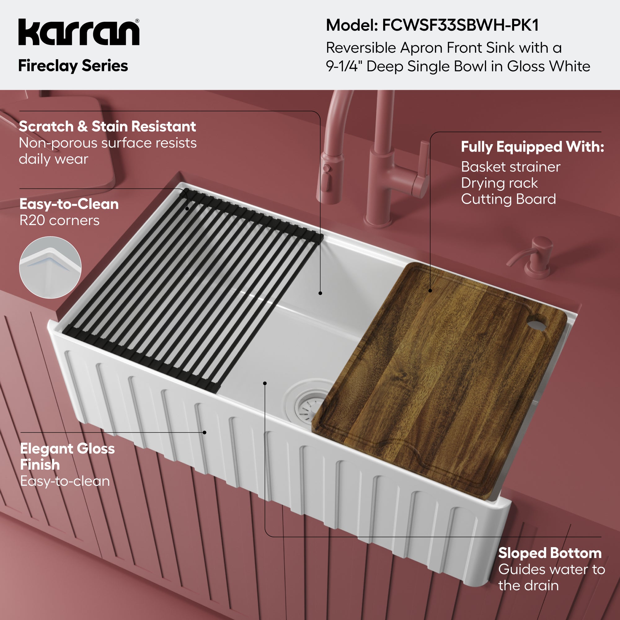 Alternative View of Karran Fireclay 33" Fireclay Workstation Farmhouse Sink with Accessories, White, FCWSF33SBWH-PK1