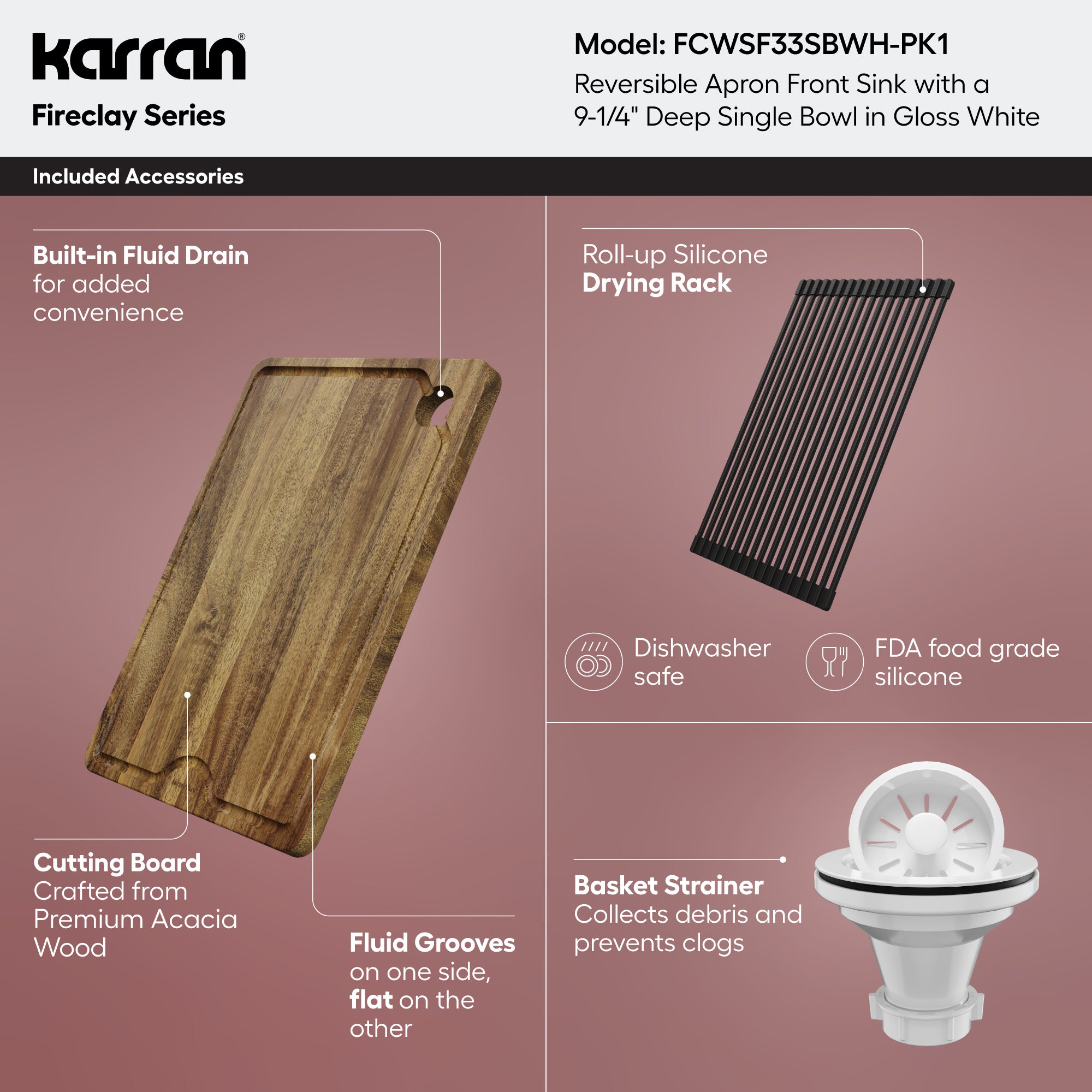 Alternative View of Karran Fireclay 33" Fireclay Workstation Farmhouse Sink with Accessories, White, FCWSF33SBWH-PK1