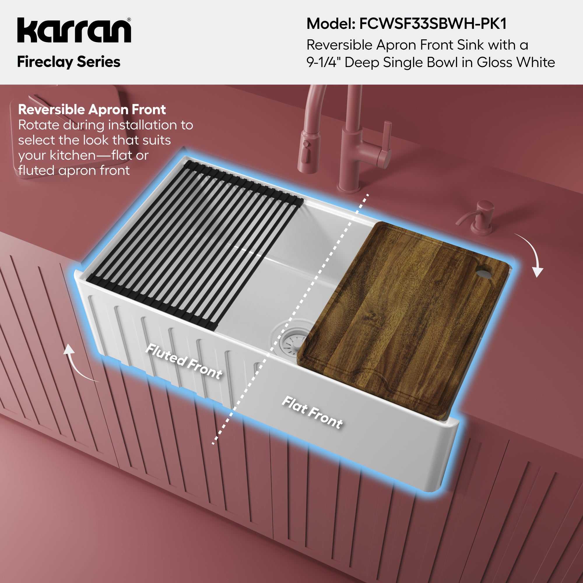 Alternative View of Karran Fireclay 33" Fireclay Workstation Farmhouse Sink with Accessories, White, FCWSF33SBWH-PK1
