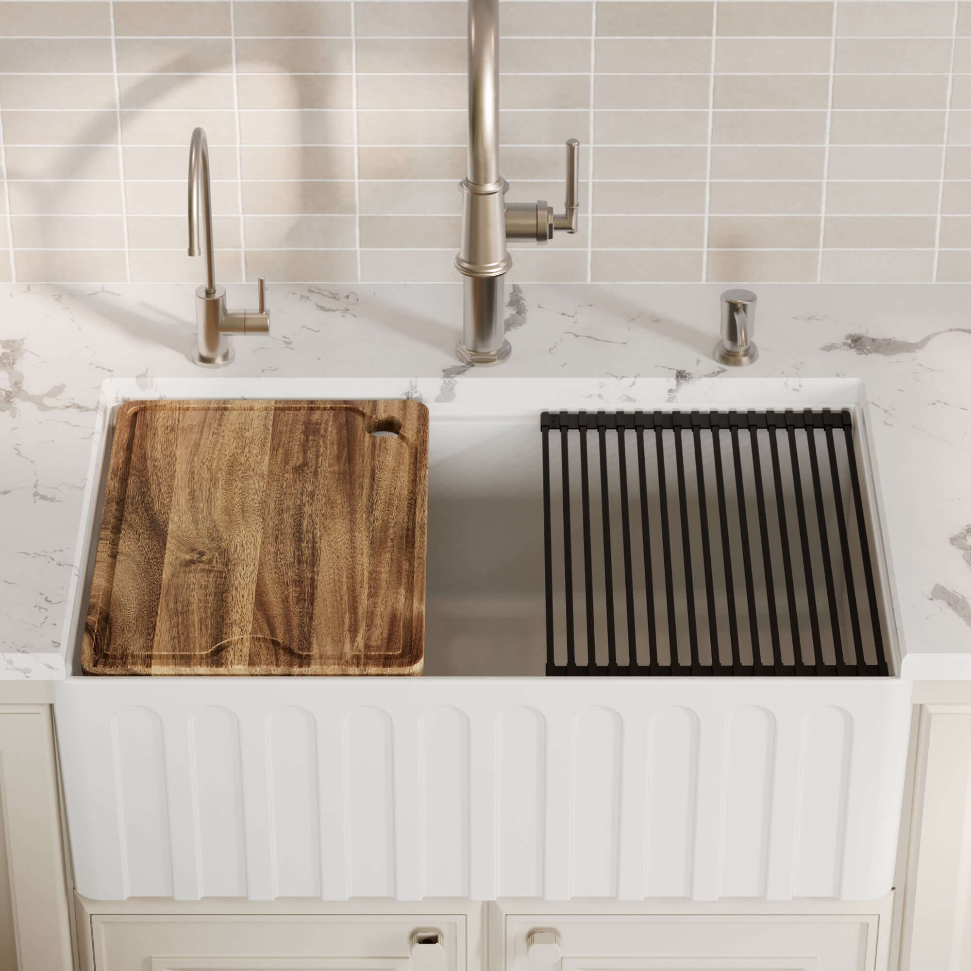Alternative View of Karran Fireclay 30" Fireclay Workstation Farmhouse Sink with Accessories, White, FCWSF30SBWH-PK1