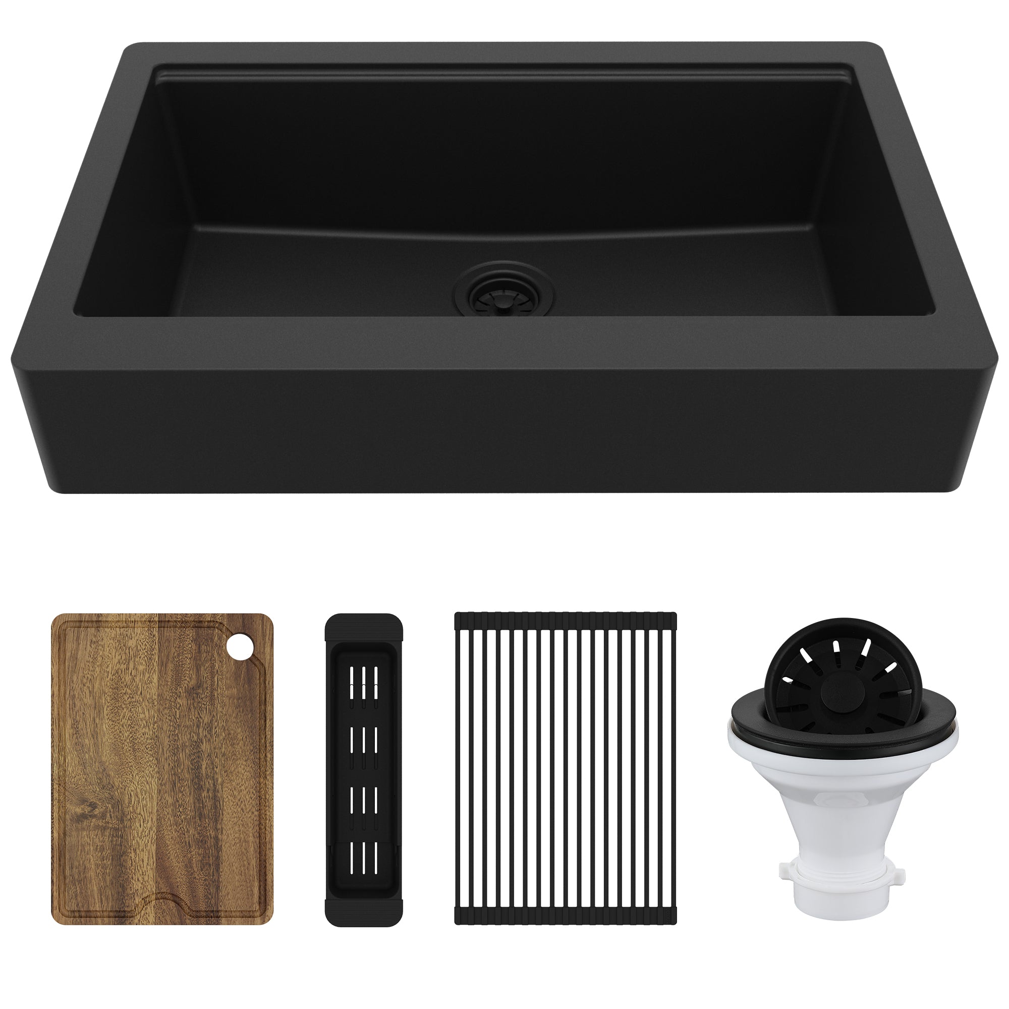 Karran 34" Quartz Composite Retrofit Workstation Farmhouse Sink, Black, QARWS-740-BL-PK2