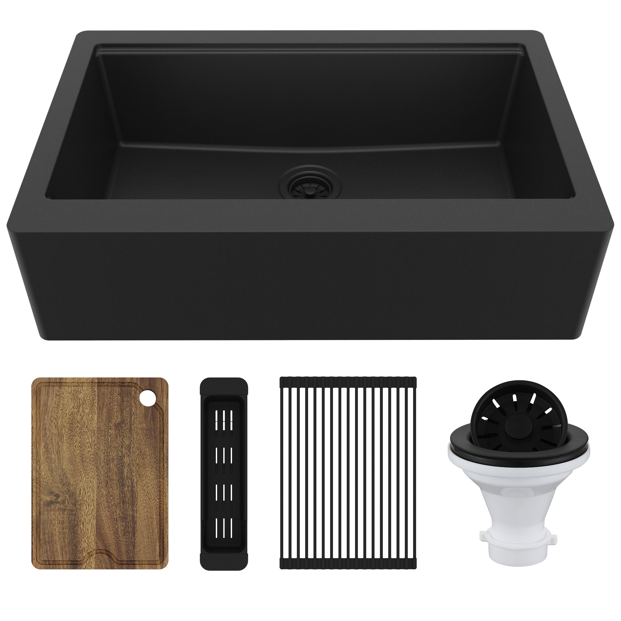 Karran 34" Quartz Composite Workstation Farmhouse Sink, Black, QAWS-740-BL-PK2