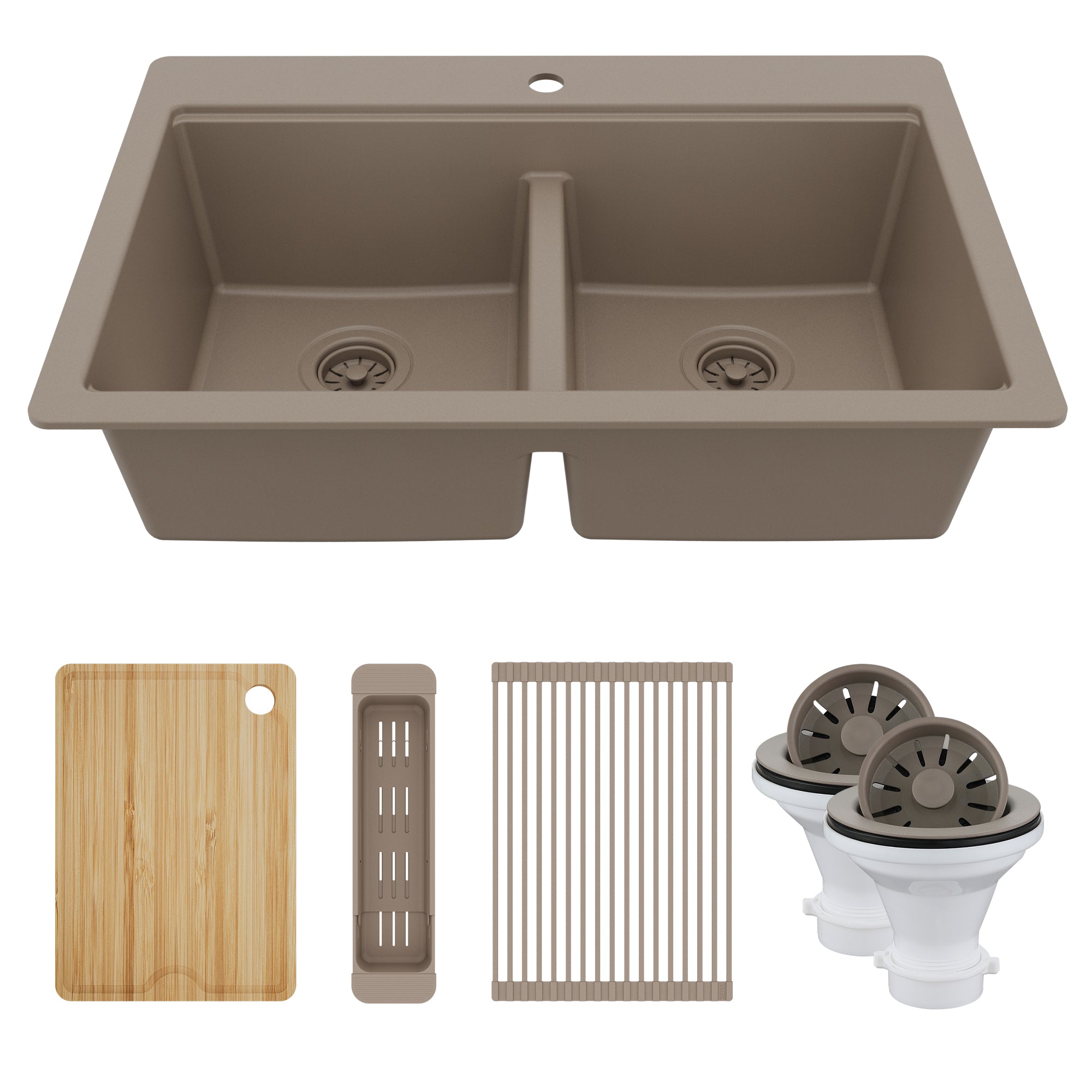 Karran 33" Drop In Quartz Composite Workstation Kitchen Sink, 50/50 Double Bowl, Concrete, QTWS-880-CN-PK2