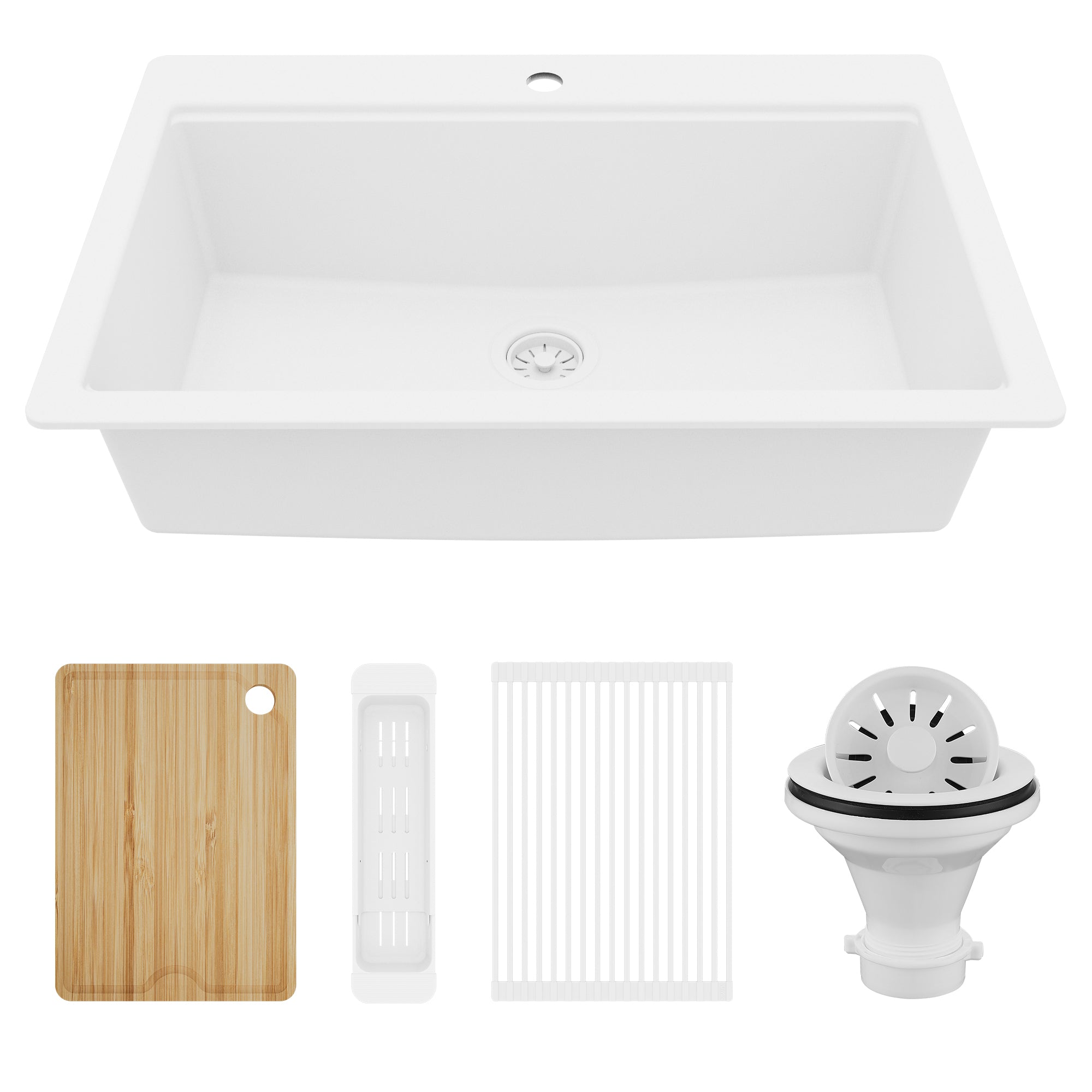 Karran 33" Drop In Quartz Composite Workstation Kitchen Sink, White, QTWS-875-WH-PK2