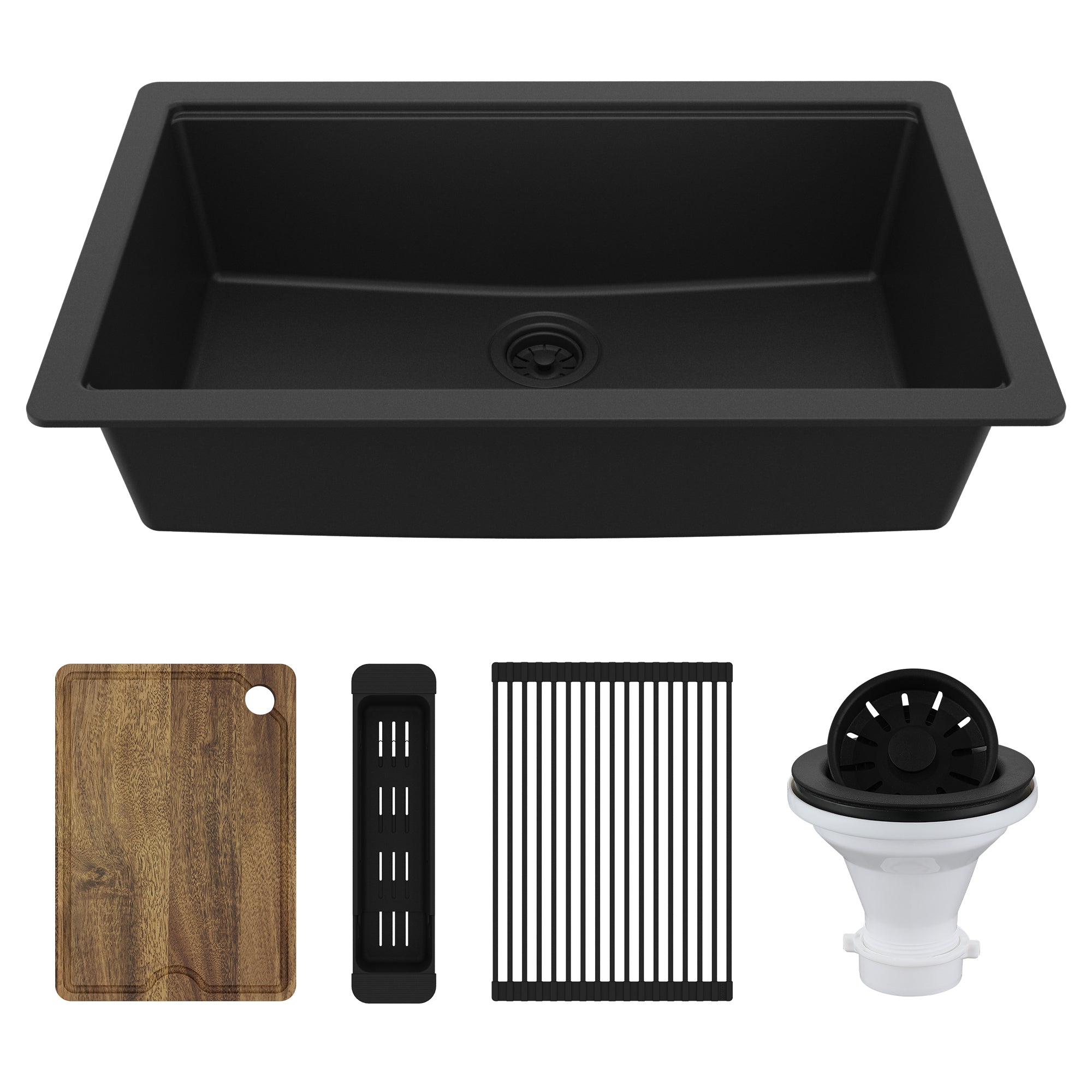 Karran 32" Undermount Quartz Composite Workstation Kitchen Sink, Black, QUWS-875-BL-PK2