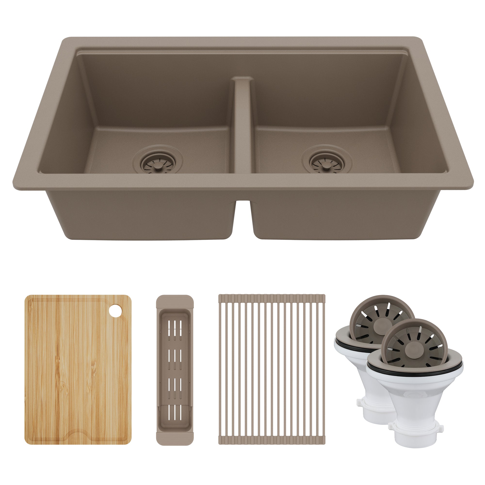Karran 32" Undermount Quartz Composite Workstation Kitchen Sink, 50/50 Double Bowl, Concrete, QUWS-880-CN-PK2