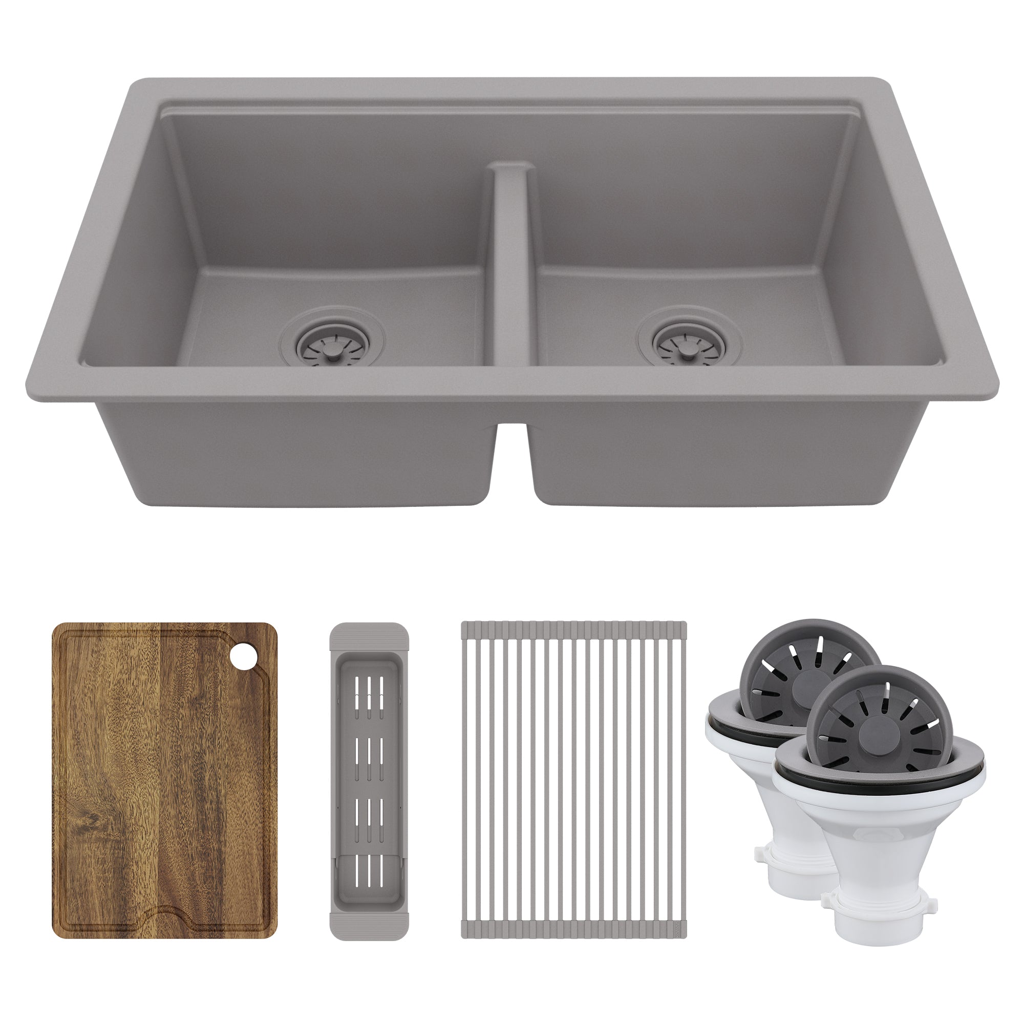 Karran 32" Undermount Quartz Composite Workstation Kitchen Sink, 50/50 Double Bowl, Grey, QUWS-880-GR-PK2