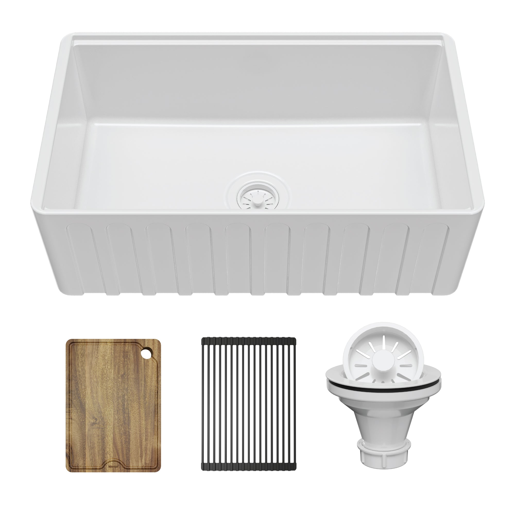 Main Image of Karran Fireclay 30" Fireclay Workstation Farmhouse Sink with Accessories, White, FCWSF30SBWH-PK1