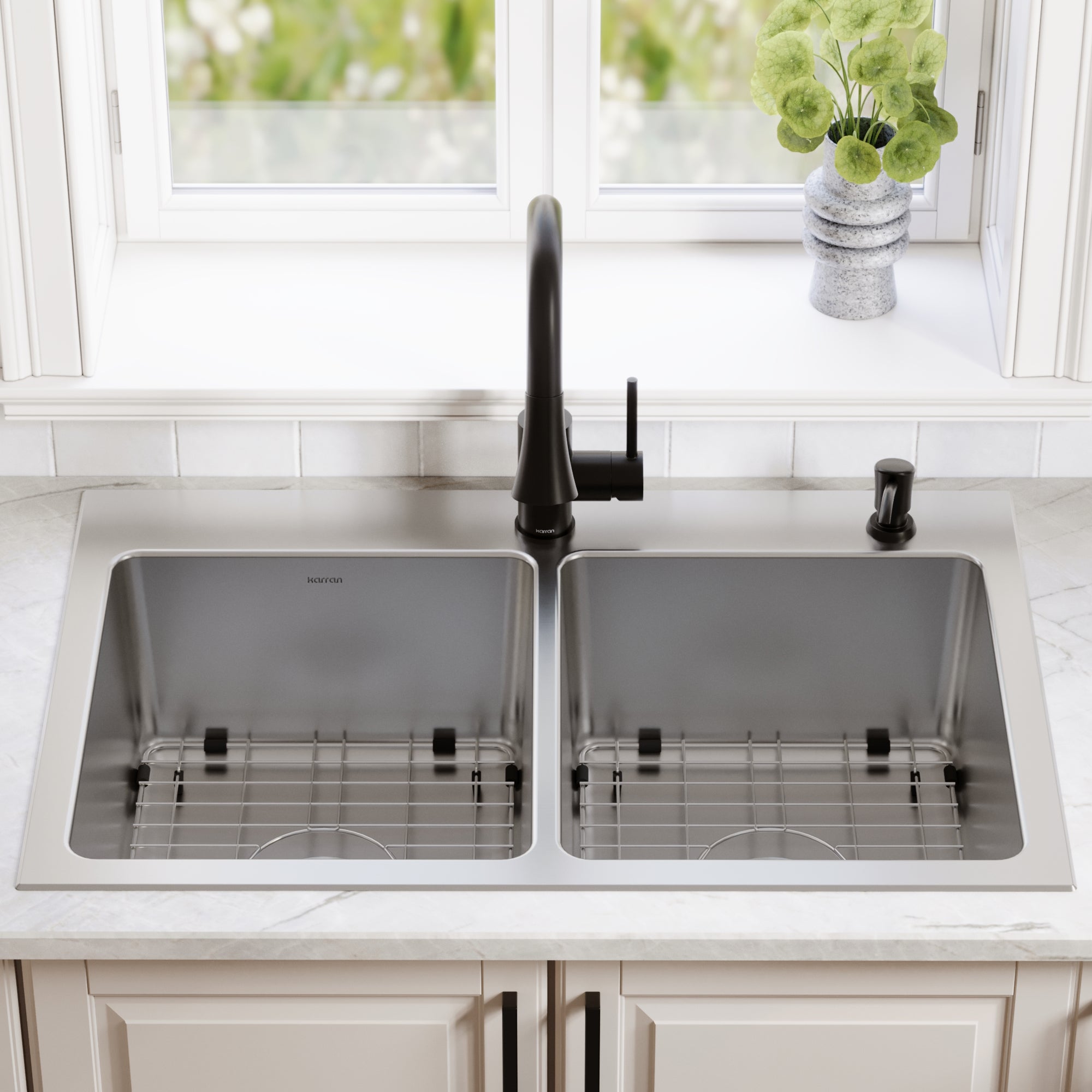 Karran lansen 33 stainless steel kitchen sink 50/50 double bowl lifestyle image