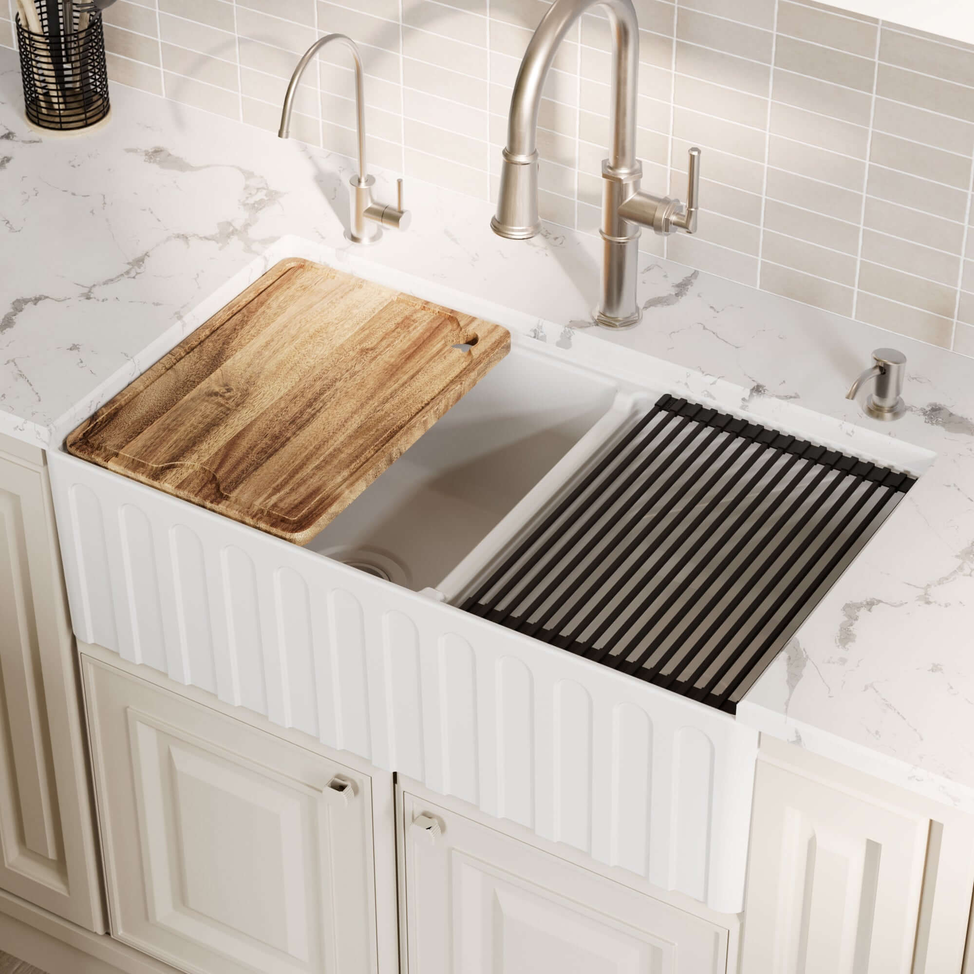 Alternative View of Karran Fireclay 33" Fireclay Workstation Farmhouse Sink with Accessories, 60/40 Double Bowl, White, FCWSF33DBWH-PK1