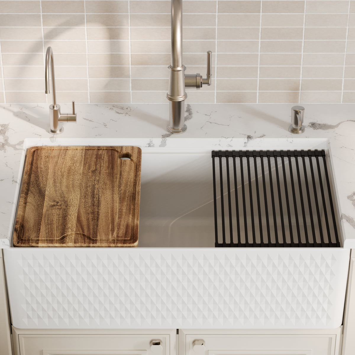 Alternative View of Karran Fireclay 33" Fireclay Workstation Farmhouse Sink with Accessories, White, FCWSD33SBWH-PK1