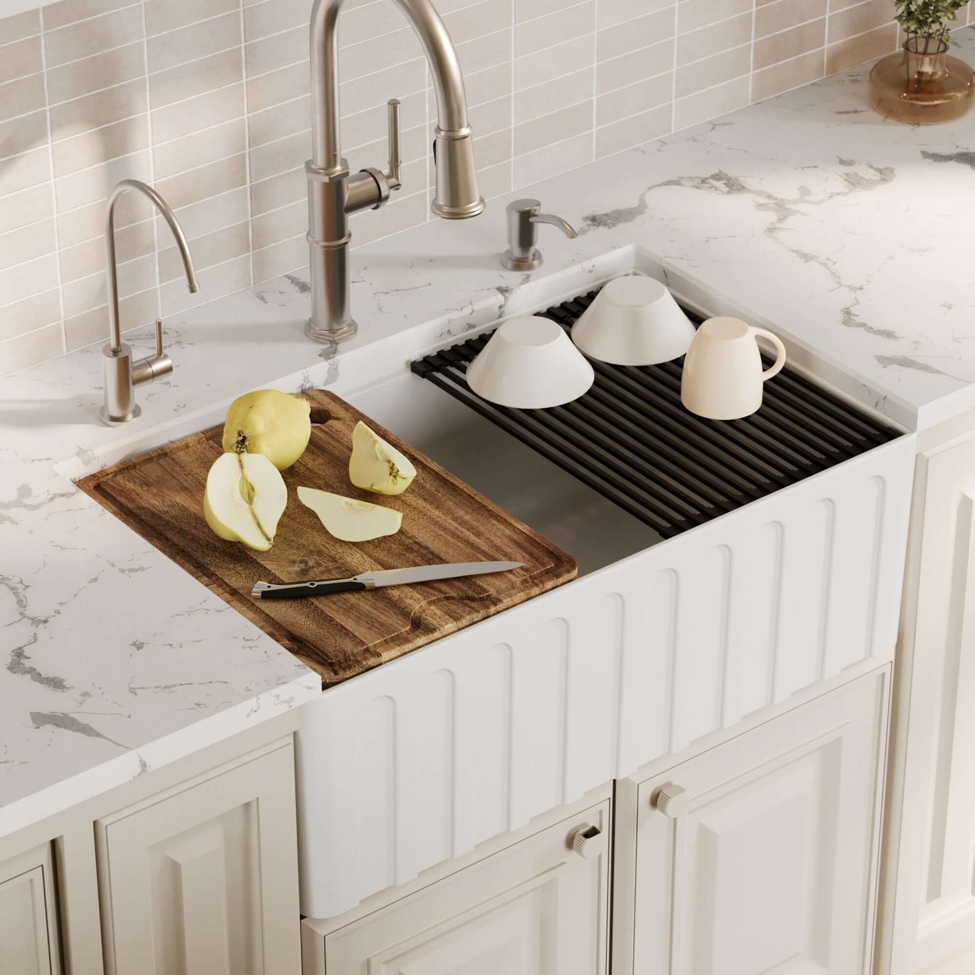 Alternative View of Karran Fireclay 30" Fireclay Workstation Farmhouse Sink with Accessories, White, FCWSF30SBWH-PK1