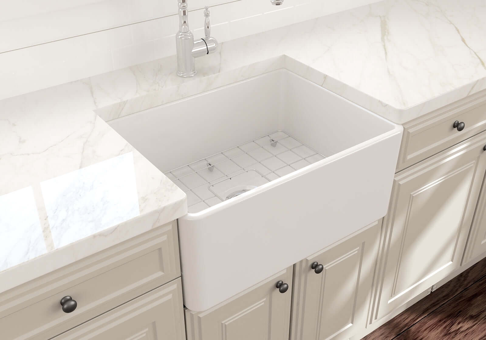 BOCCHI Classico 24" Fireclay Farmhouse Sink Kit with Faucet and Accessories, White (sink) / Stainless Steel (faucet), 1137-001-2024SS