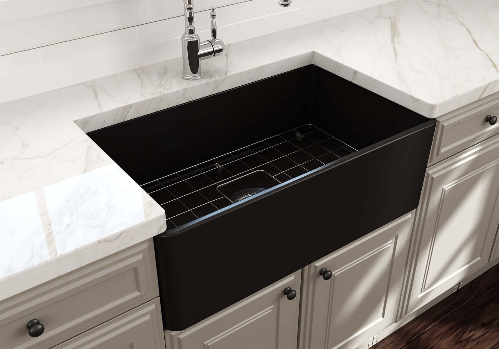 BOCCHI Classico 30" Fireclay Farmhouse Sink Kit with Faucet and Accessories, Matte Black (sink) / Matte Black (faucet), 1138-004-2020MB