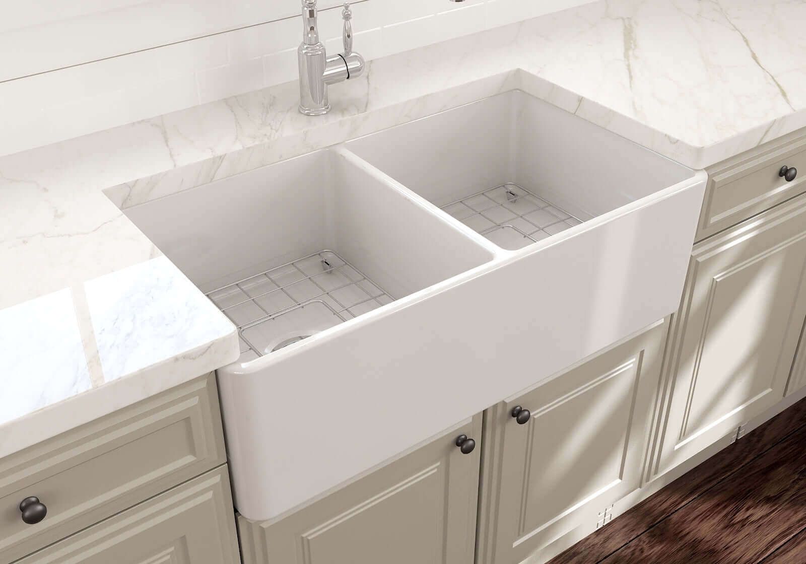 BOCCHI Classico 33" White Fireclay Farmhouse Sink Kit with Stainless Steel Faucet and Accessories, 50/50 Double Bowl,   1139-001-2020SS