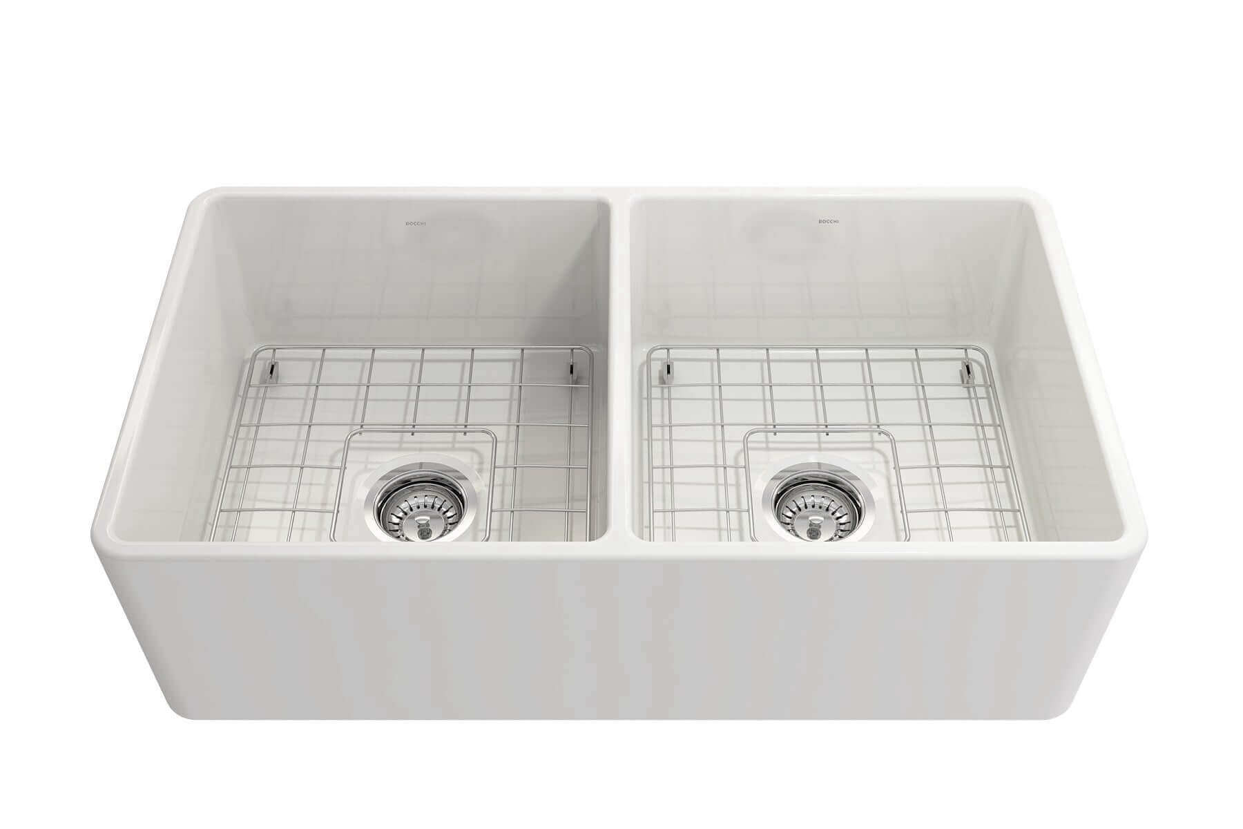 BOCCHI Classico 33" Fireclay Farmhouse Sink Kit with Faucet and Accessories, 50/50 Double Bowl, White (sink) / Chrome (faucet), 1139-001-2020CH