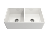 BOCCHI Classico 33" Fireclay Farmhouse Sink Kit with Faucet and Accessories, 50/50 Double Bowl, White (sink) / Chrome (faucet), 1139-001-2020CH