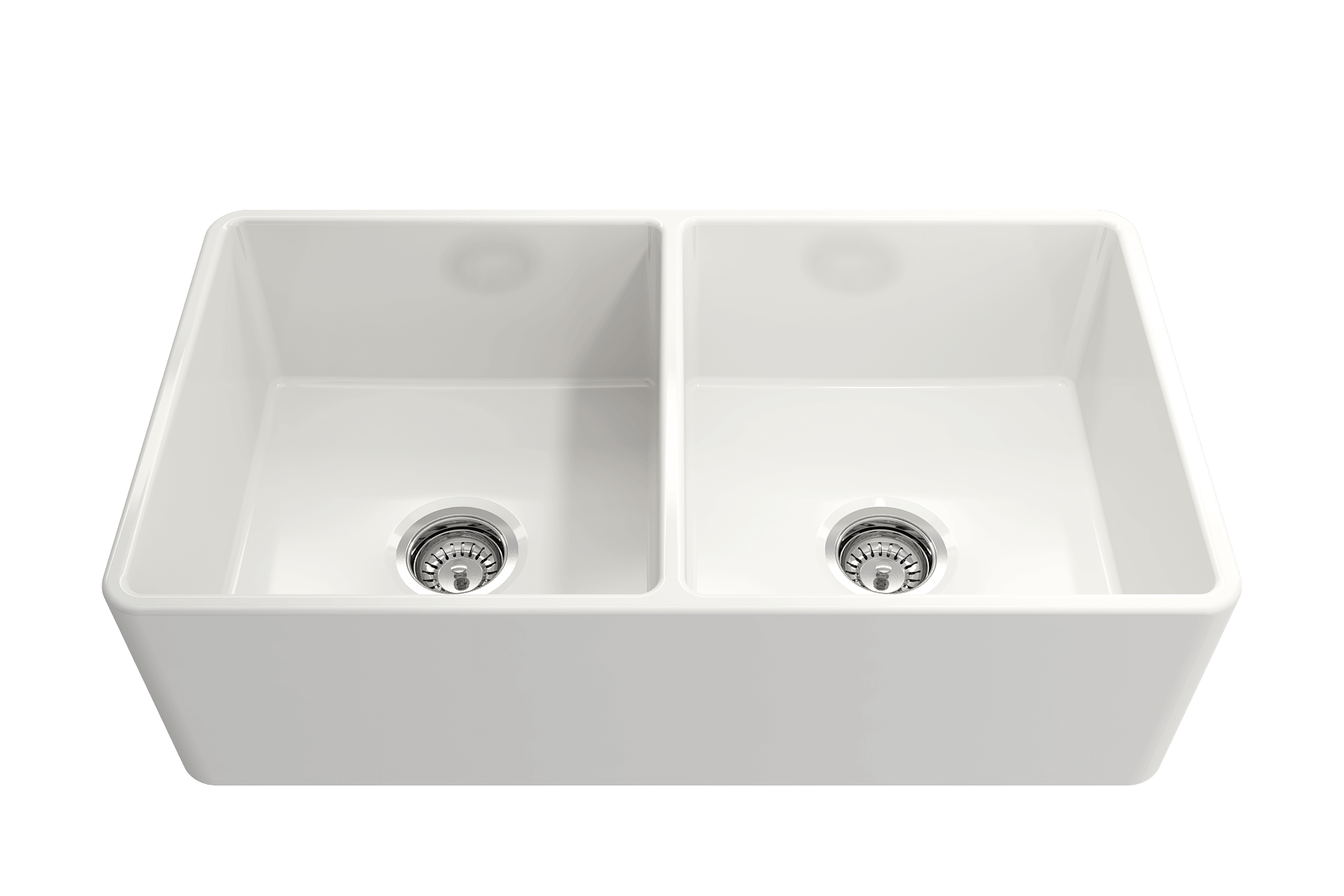 BOCCHI Classico 33" White Fireclay Farmhouse Sink Kit with Stainless Steel Faucet and Accessories, 50/50 Double Bowl,   1139-001-2020SS