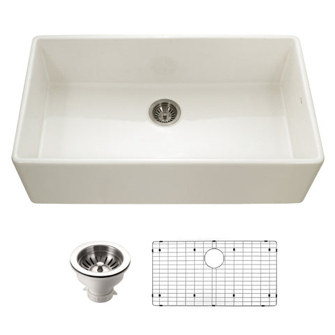 Houzer Platus 36 inch Biscuit Fireclay Apron Front Farmhouse Single Bowl Kitchen Sink - PTG-3600 BQ-C