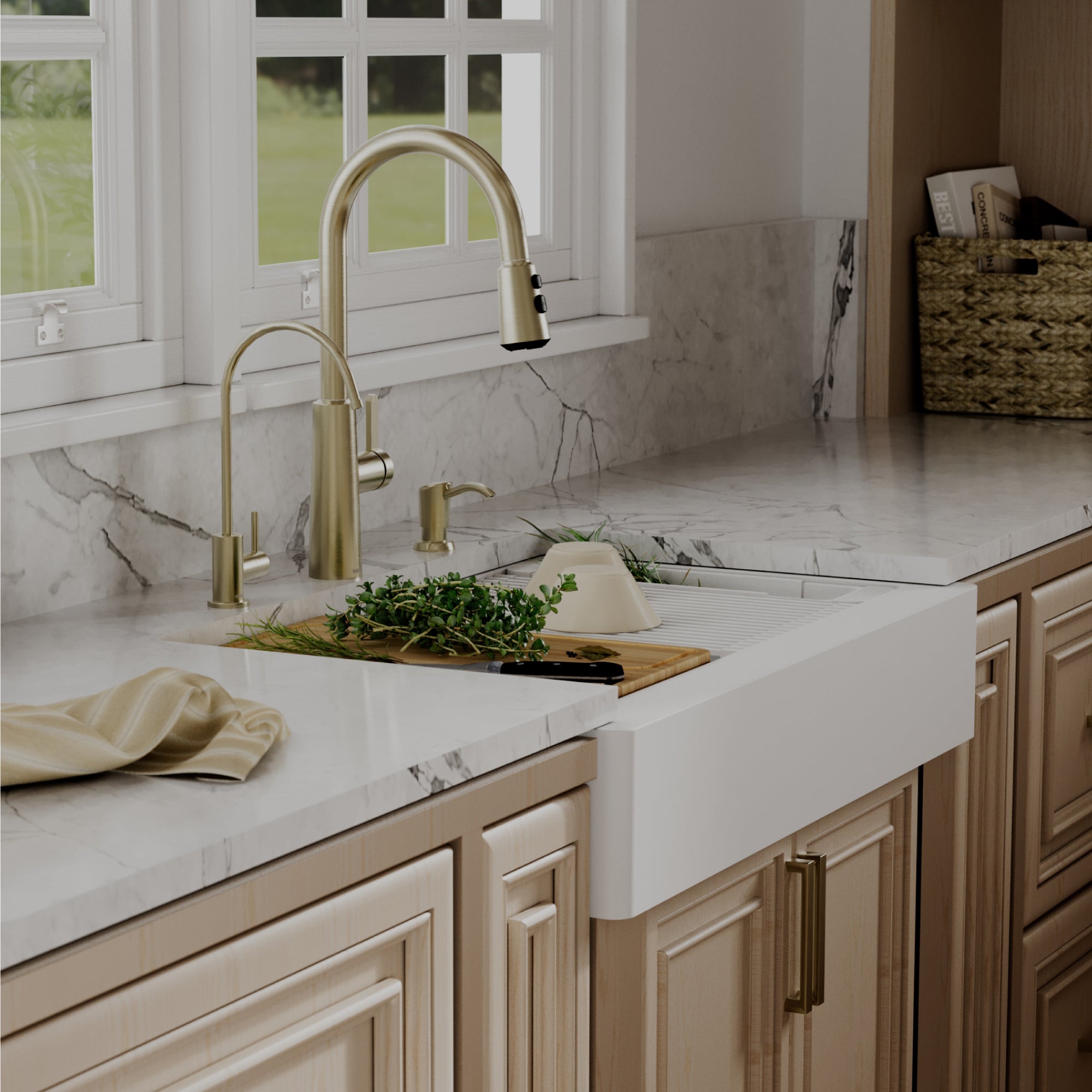 Karran 34 quartz composite retrofit workstation farmhouse sink white lifestyle image