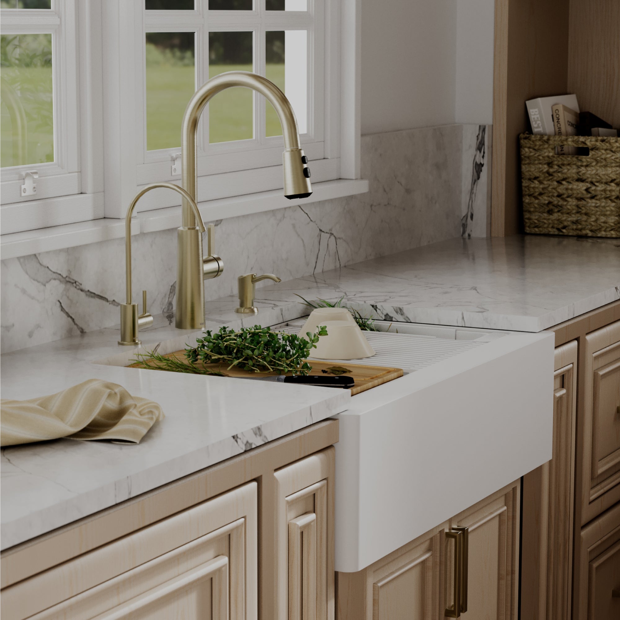Karran 34 quartz composite workstation farmhouse sink white lifestyle image