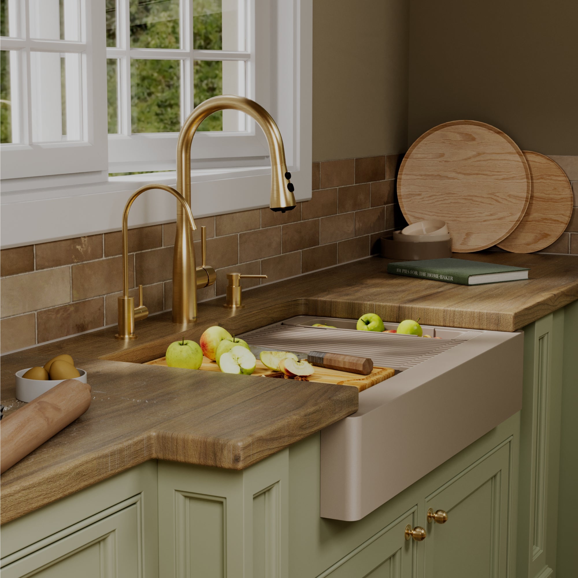 Karran 34 quartz composite retrofit workstation farmhouse sink concrete lifestyle image