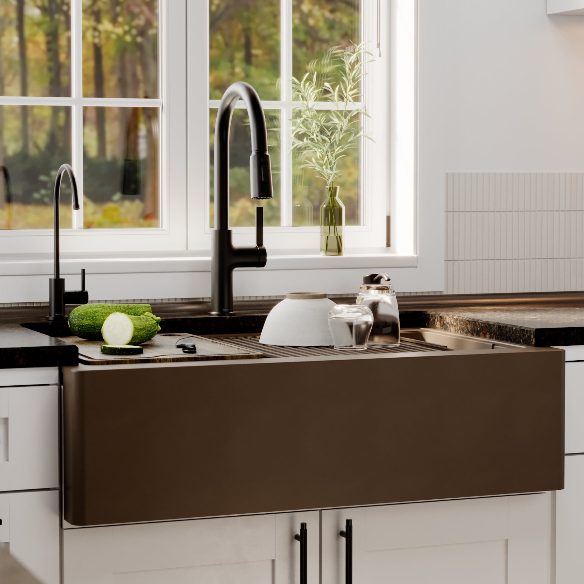 Karran 34 quartz composite workstation farmhouse sink brown lifestyle image