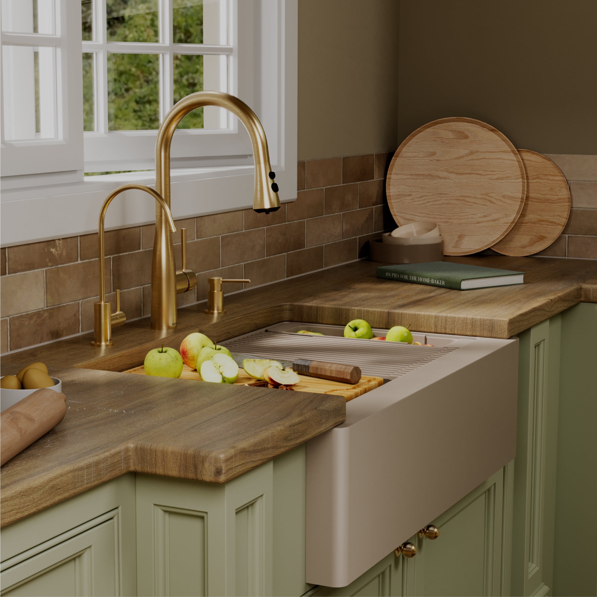 Karran 34 quartz composite workstation farmhouse sink concrete lifestyle image