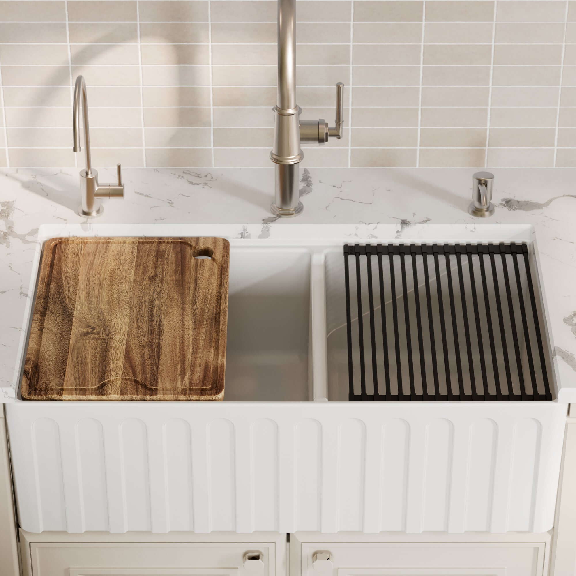 Alternative View of Karran Fireclay 33" Fireclay Workstation Farmhouse Sink with Accessories, 60/40 Double Bowl, White, FCWSF33DBWH-PK1