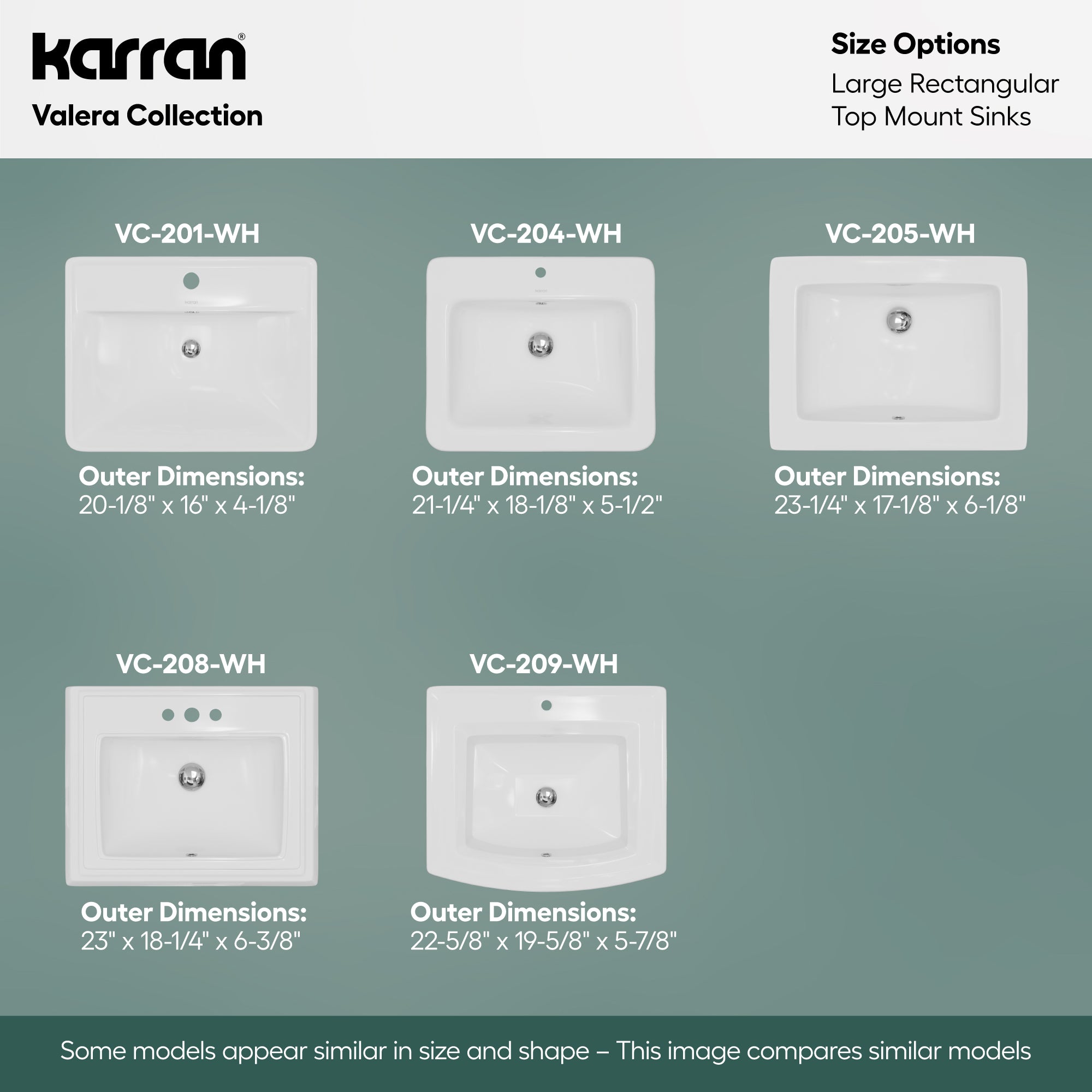 Karran Valera 19.625" x 22.625" Rectangular Drop In/Topmount Vitreous China ADA Bathroom Sink, White, VC-209-WH