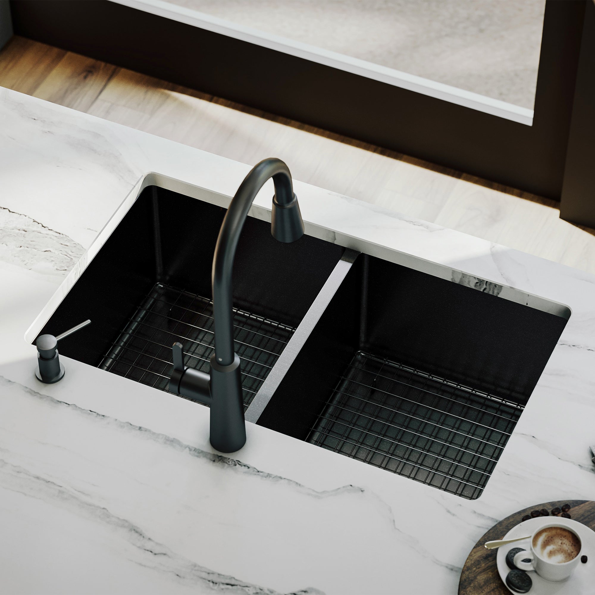 Karran elite 32 stainless steel kitchen sink 50/50 double bowl gunmetal black lifestyle image