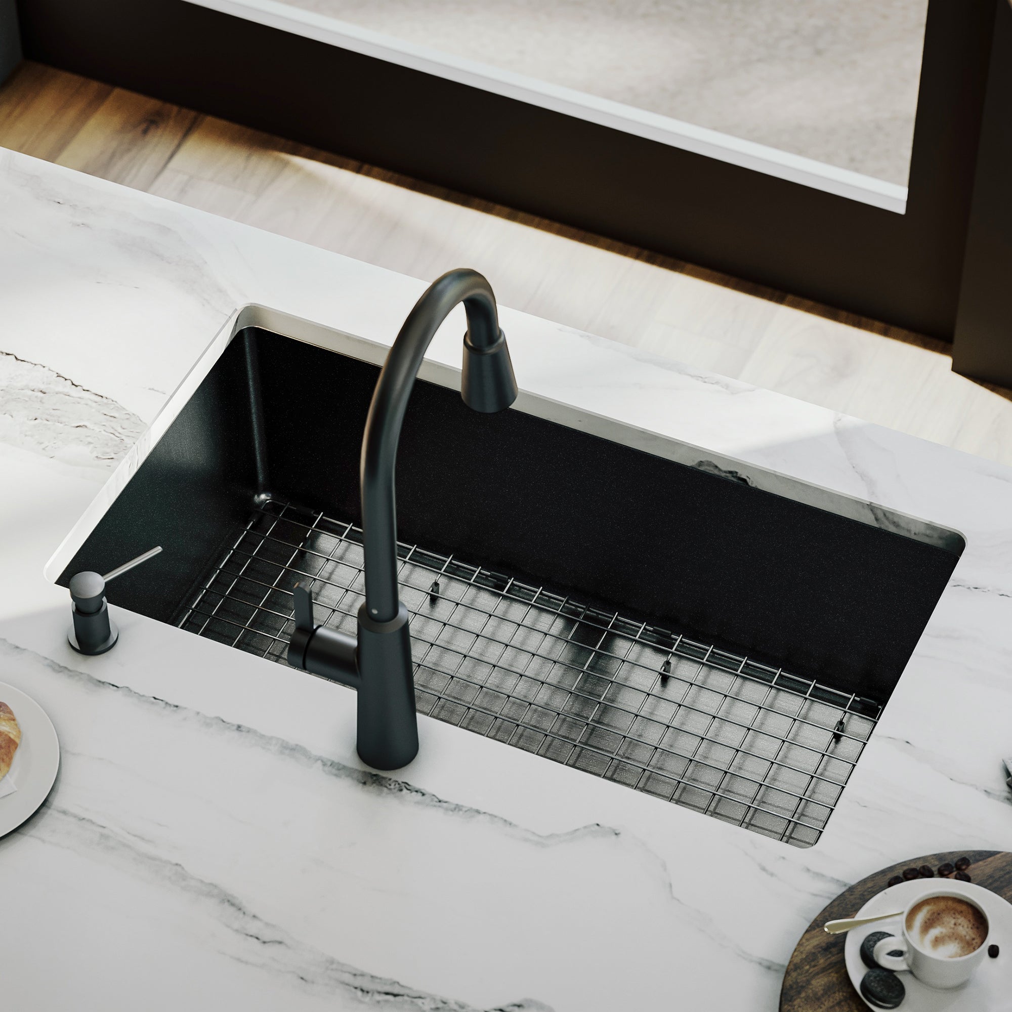 Karran elite 32 stainless steel kitchen sink gunmetal black lifestyle image