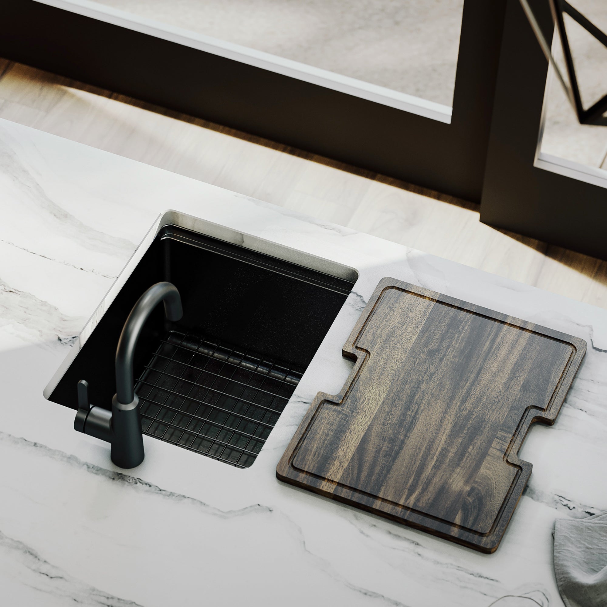 Karran elite workstation 15 stainless steel kitchen sink gunmetal black lifestyle image