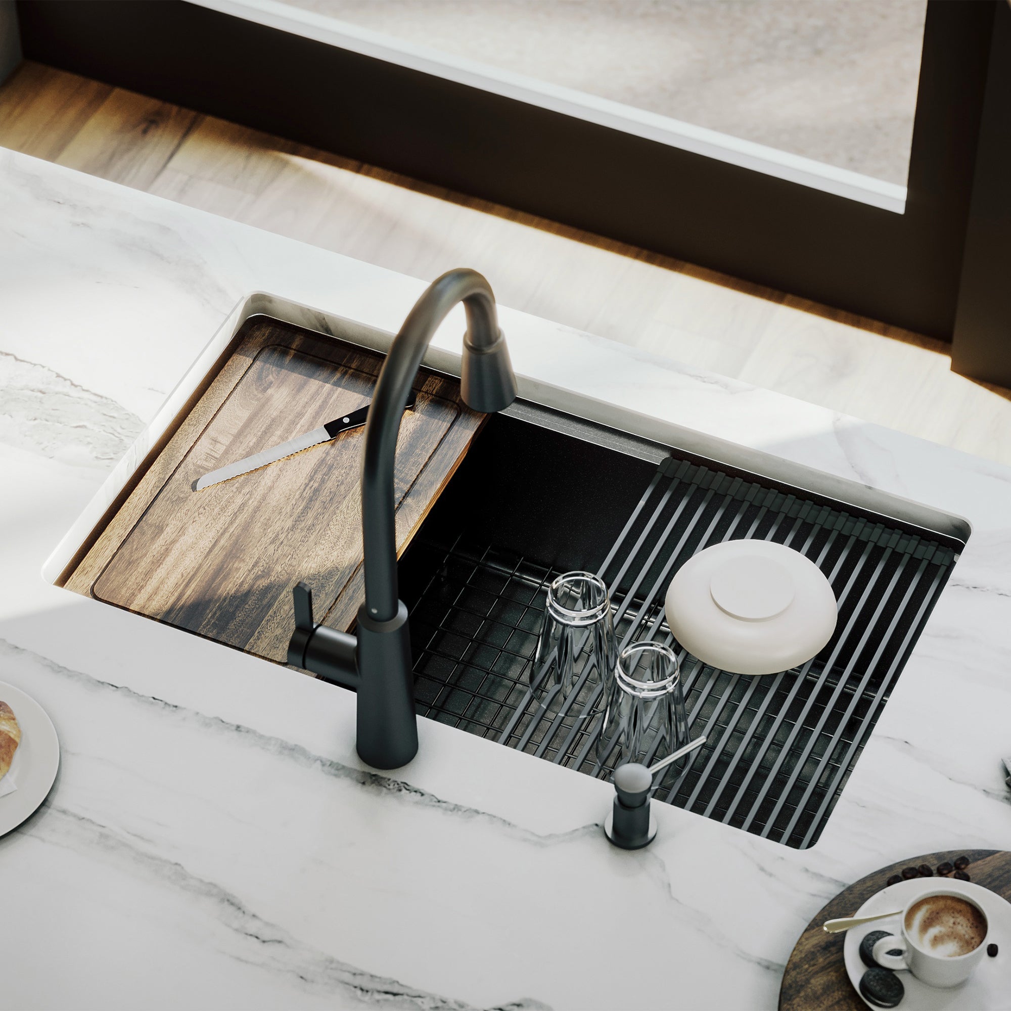 Karran elite workstation 32 stainless steel kitchen sink gunmetal black lifestyle image