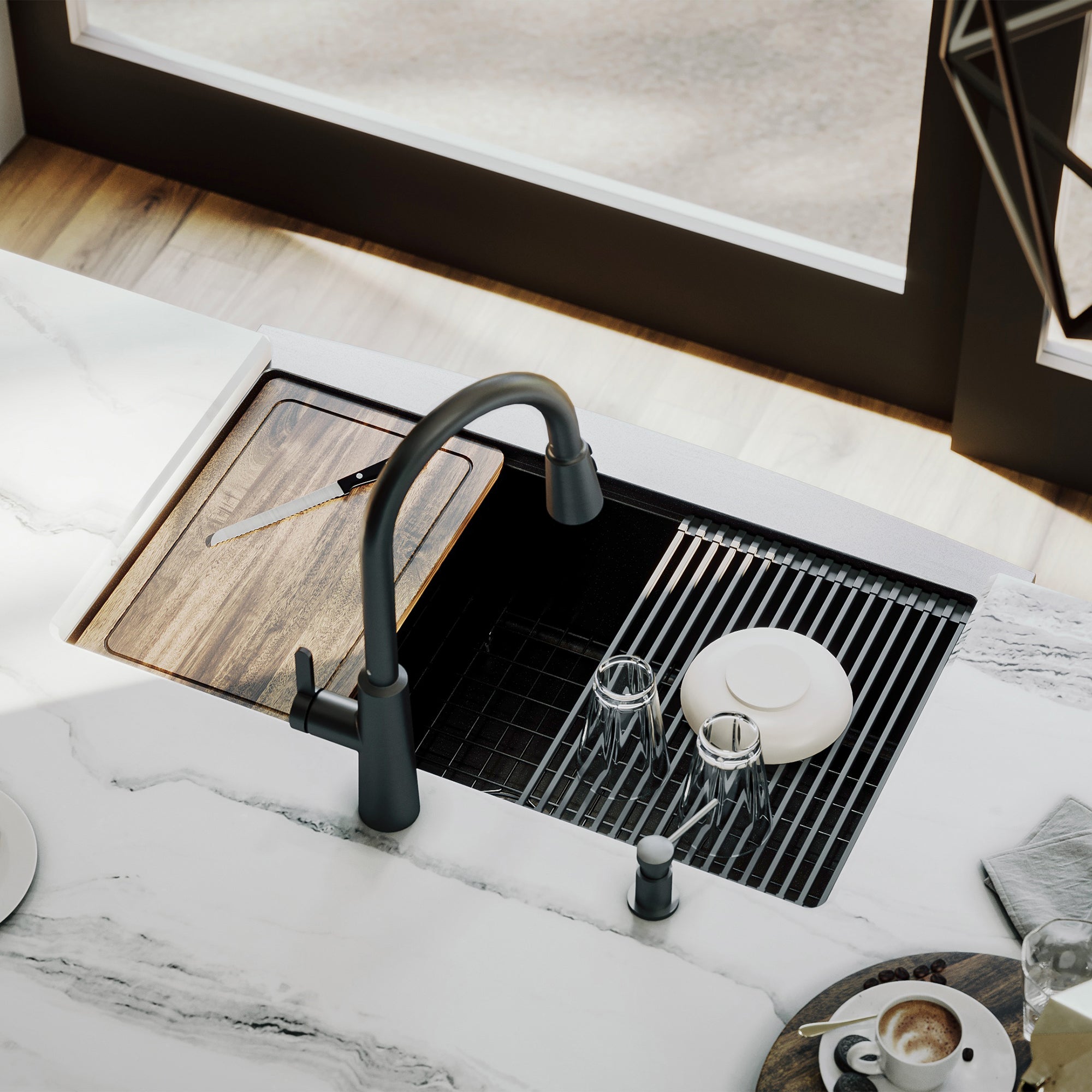 Karran elite workstation 33 stainless steel farmhouse sink gunmetal black lifestyle image
