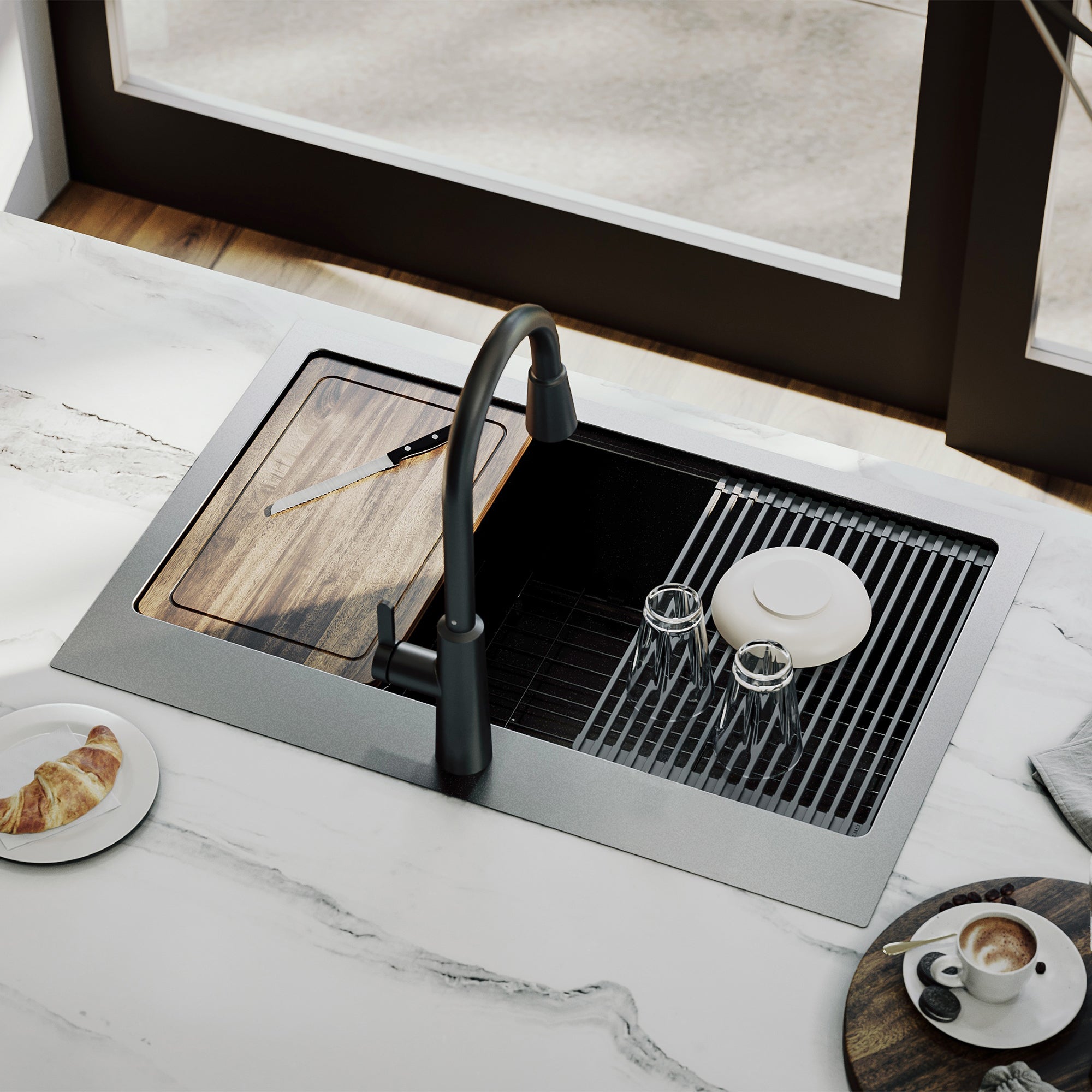 Karran elite workstation 33 stainless steel kitchen sink gunmetal black lifestyle image