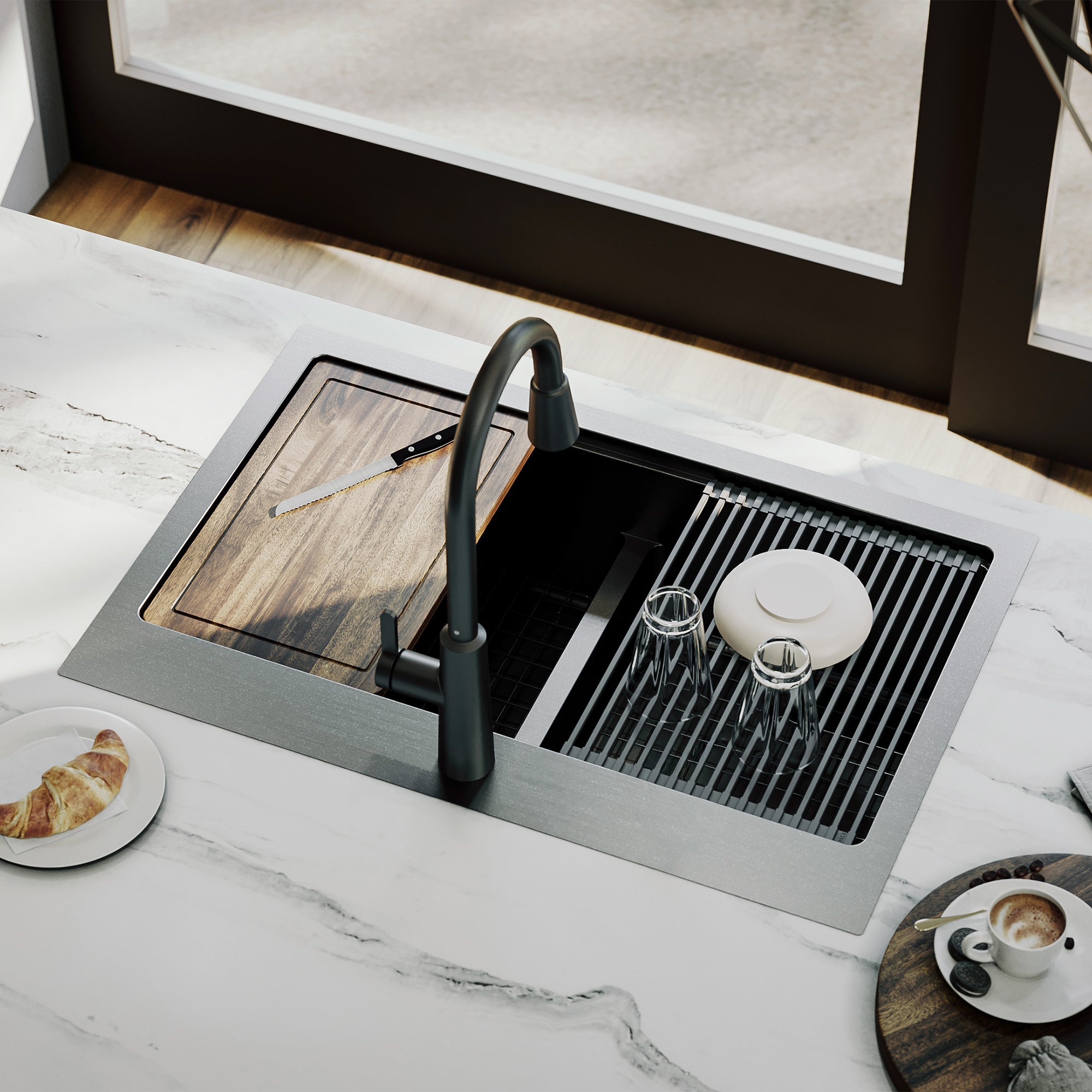 Karran elite workstation 33 stainless steel kitchen sink 50/50 double bowl gunmetal black lifestyle image