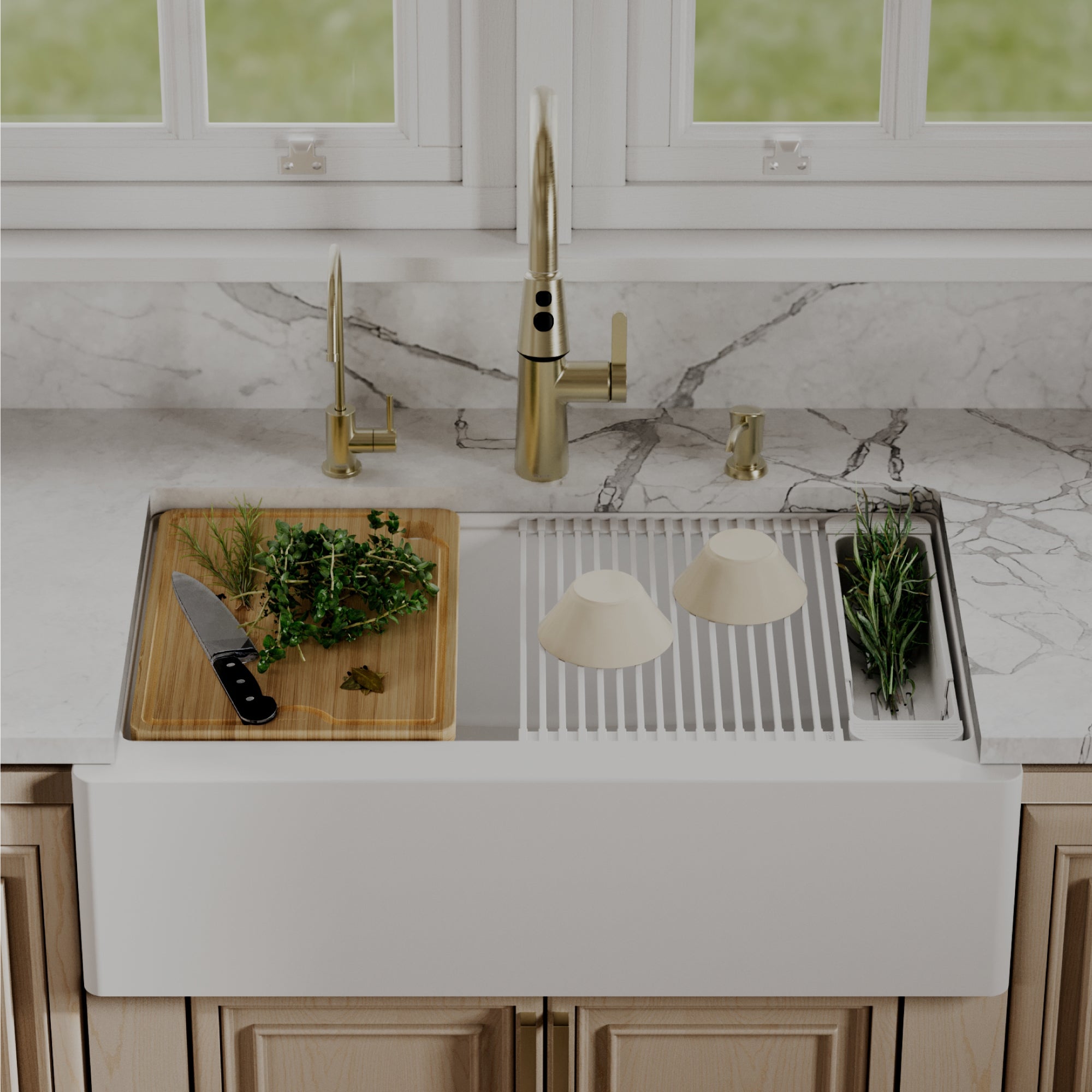 Karran 34 quartz composite workstation farmhouse sink white lifestyle image