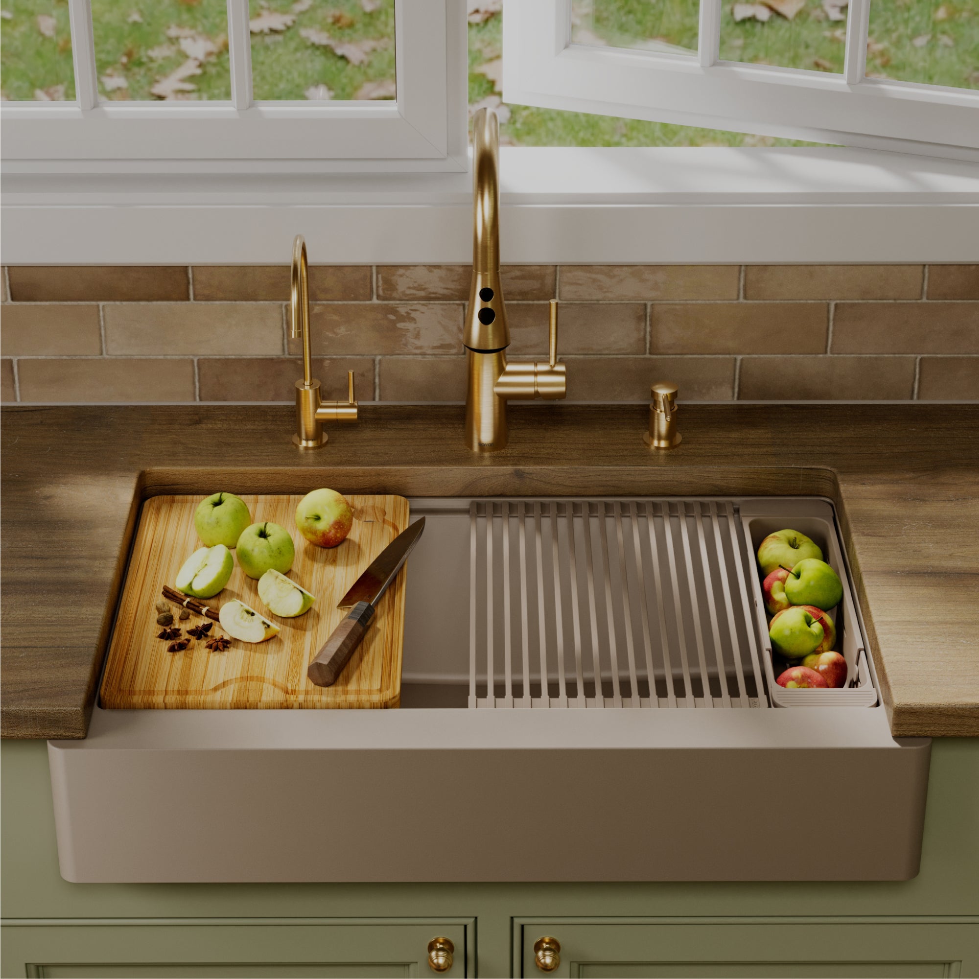 Karran 34 quartz composite retrofit workstation farmhouse sink concrete lifestyle image