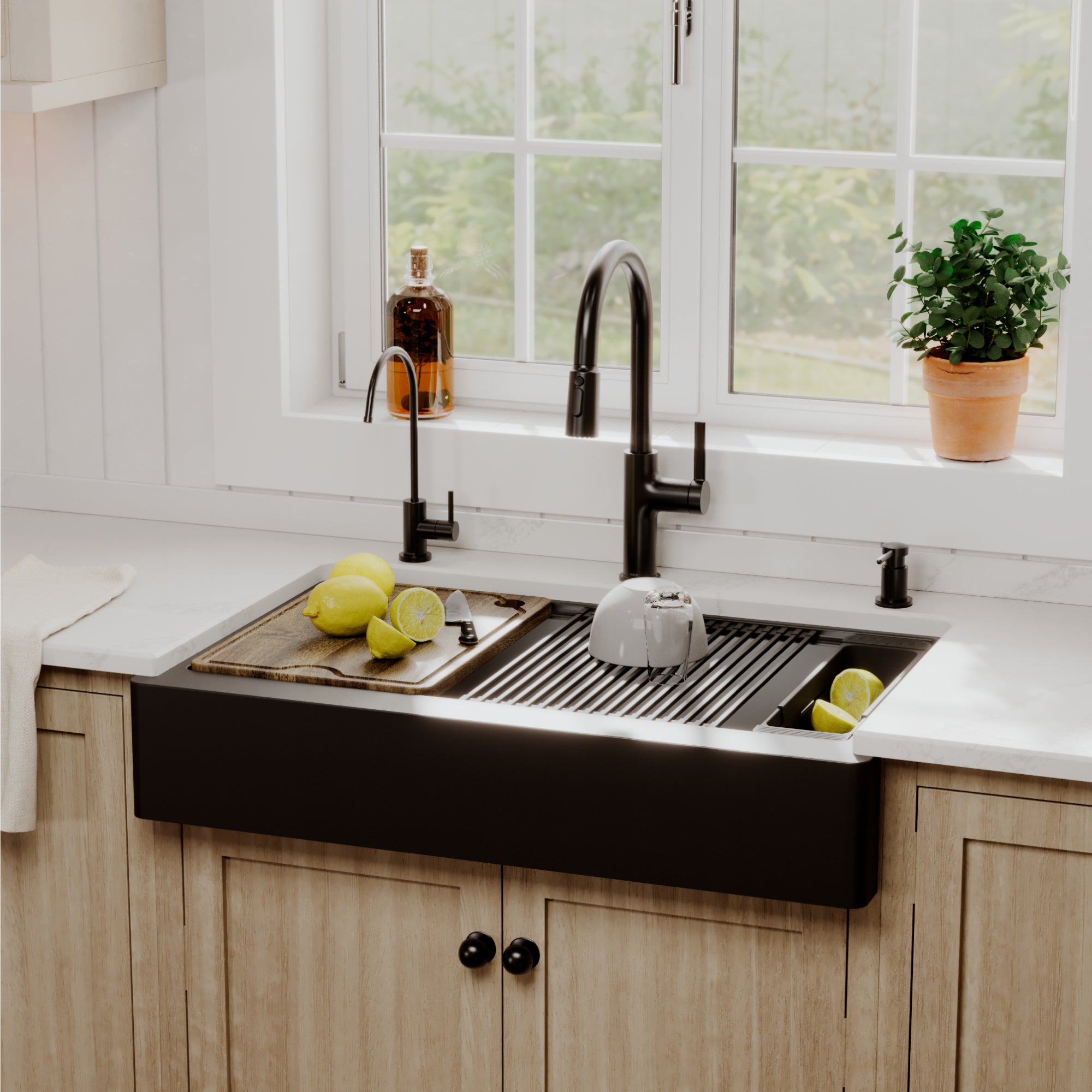 Karran 34 quartz composite retrofit workstation farmhouse sink black lifestyle image